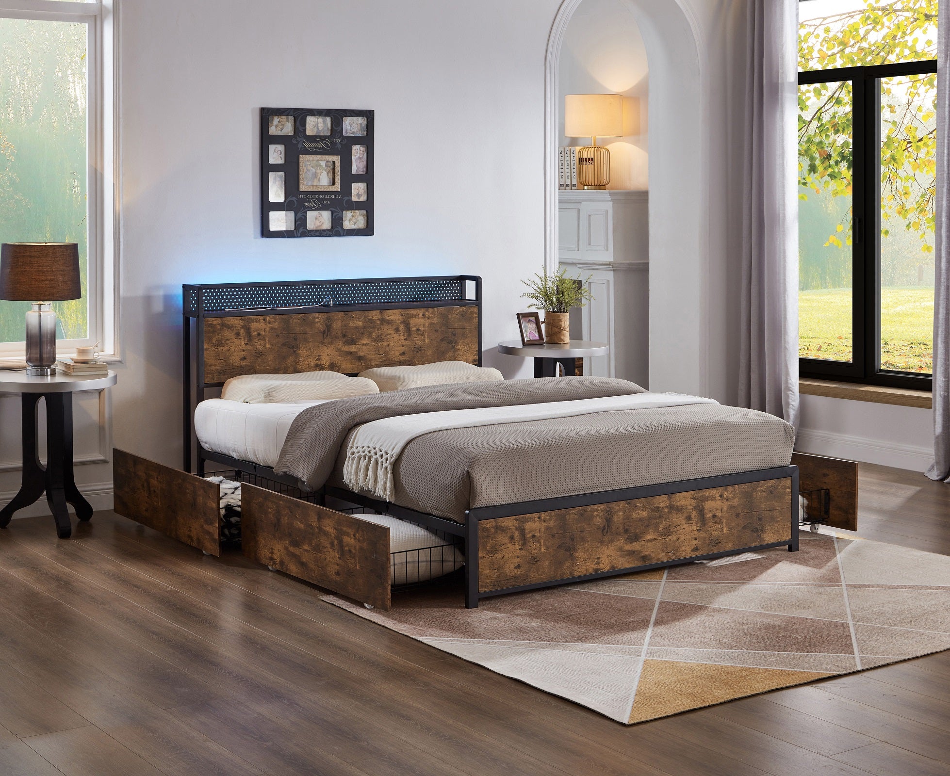 Rustic Wood Storage Bed with LED Headboard – IF-5930