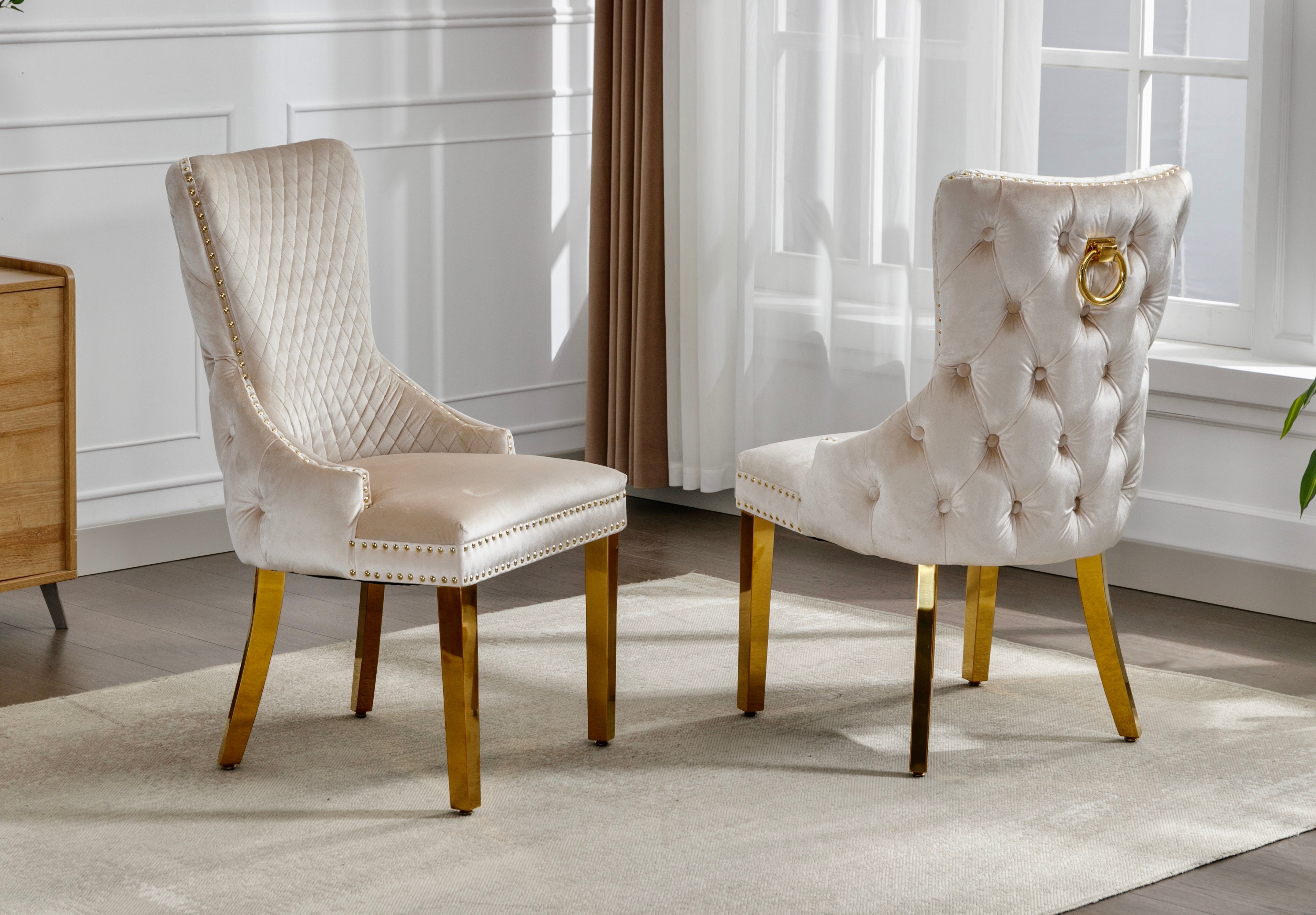 Champagne Beige Diamond-Tufted Velvet Dining Chair with Nailhead Trim – C-1285