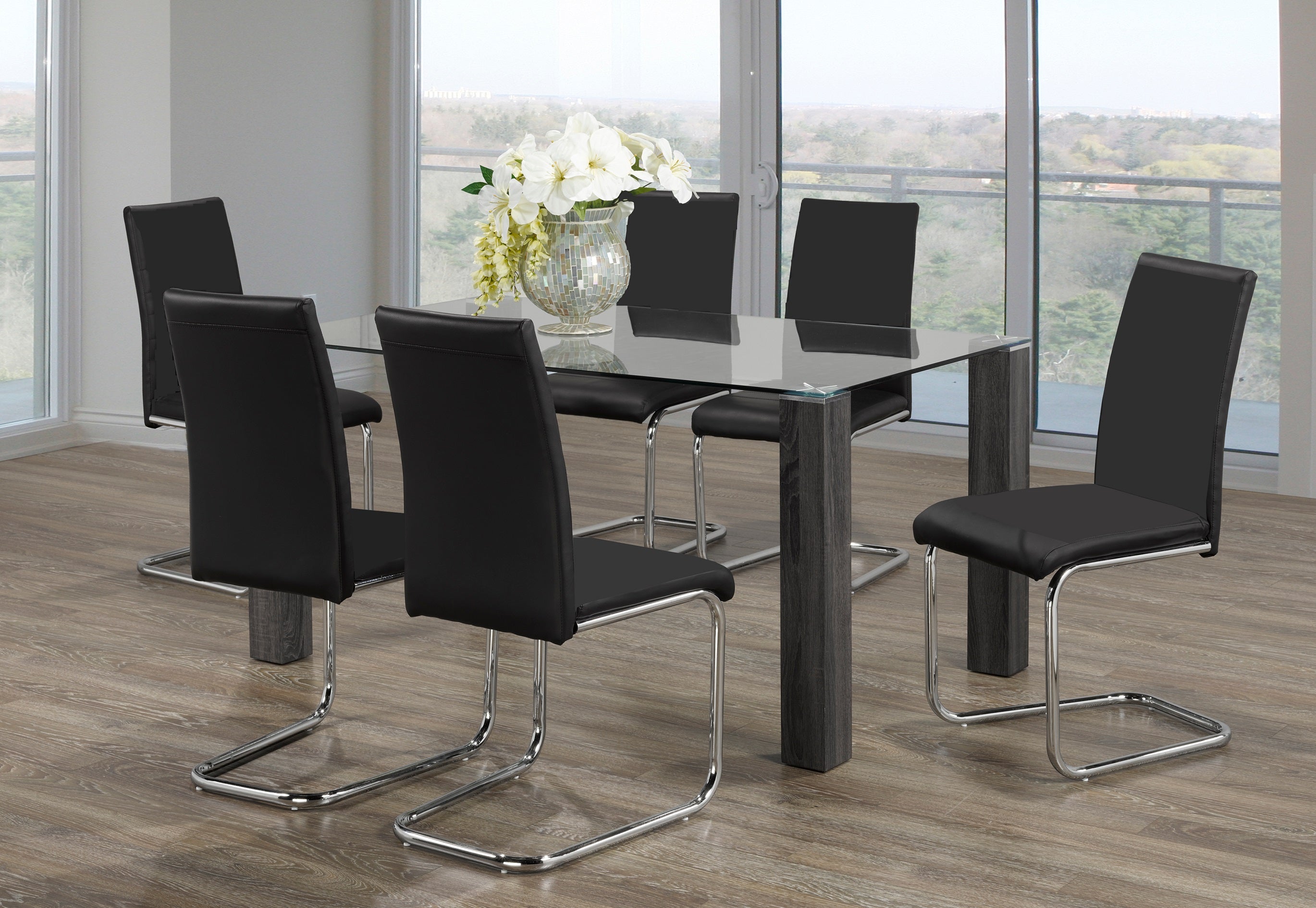 Table: 10mm Tempered Clear Glass with Grey Wooden Legs and Chrome Accents Dinette Set – T-1449 C-...