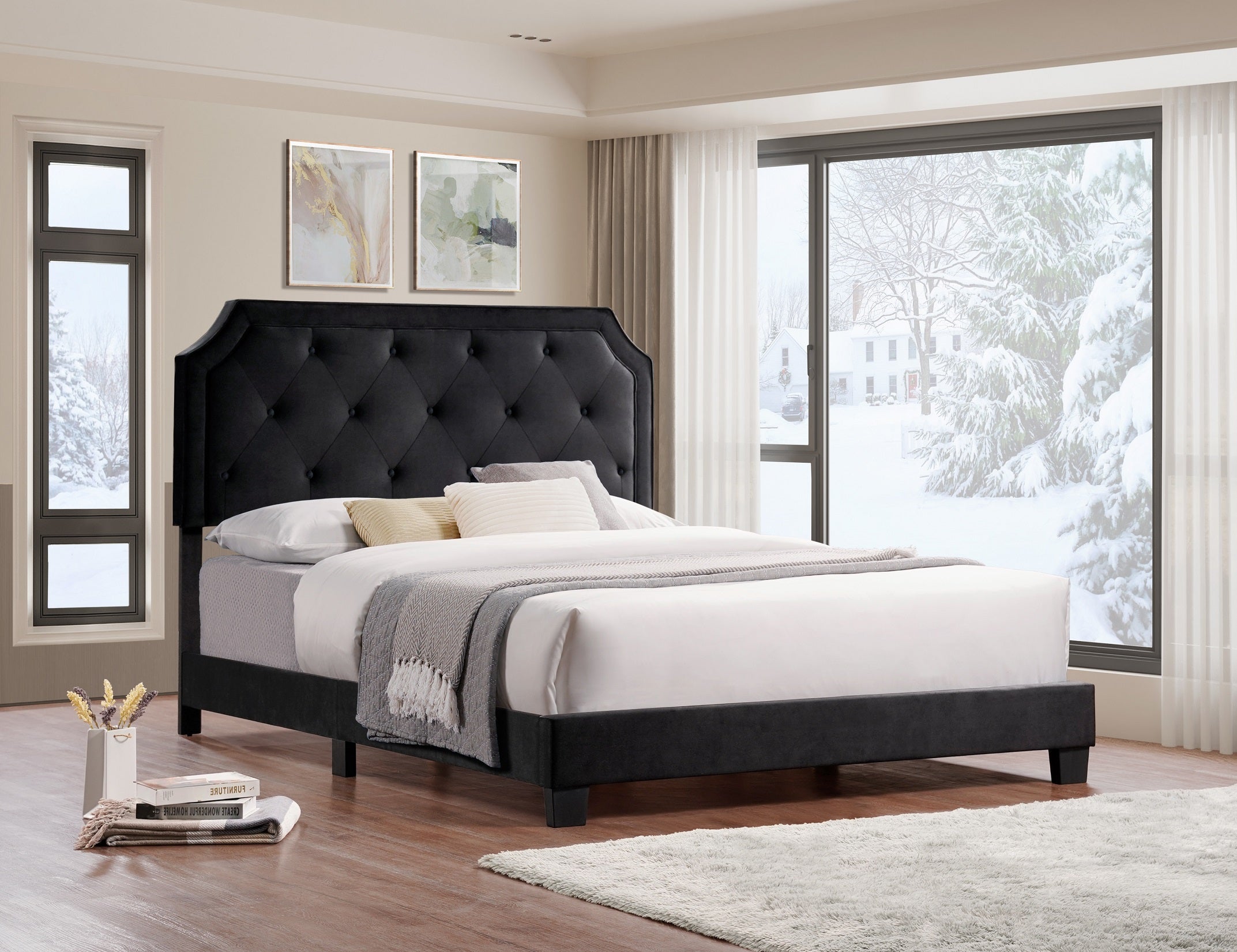 Black Tufted Wingback Bed with Nailhead Trim – IF-5613
