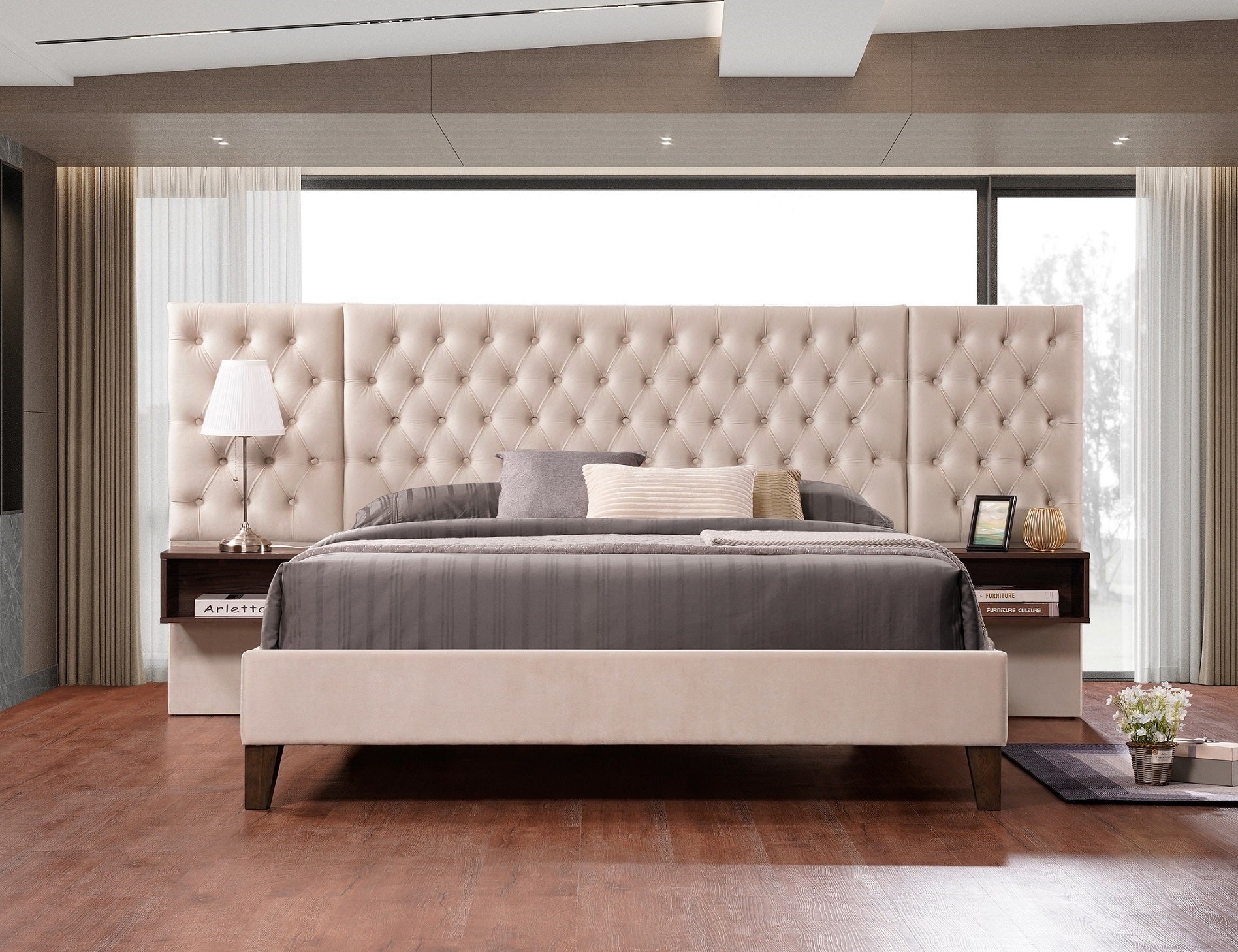 Beige Channel-Tufted Wingback Bed – IF-5565