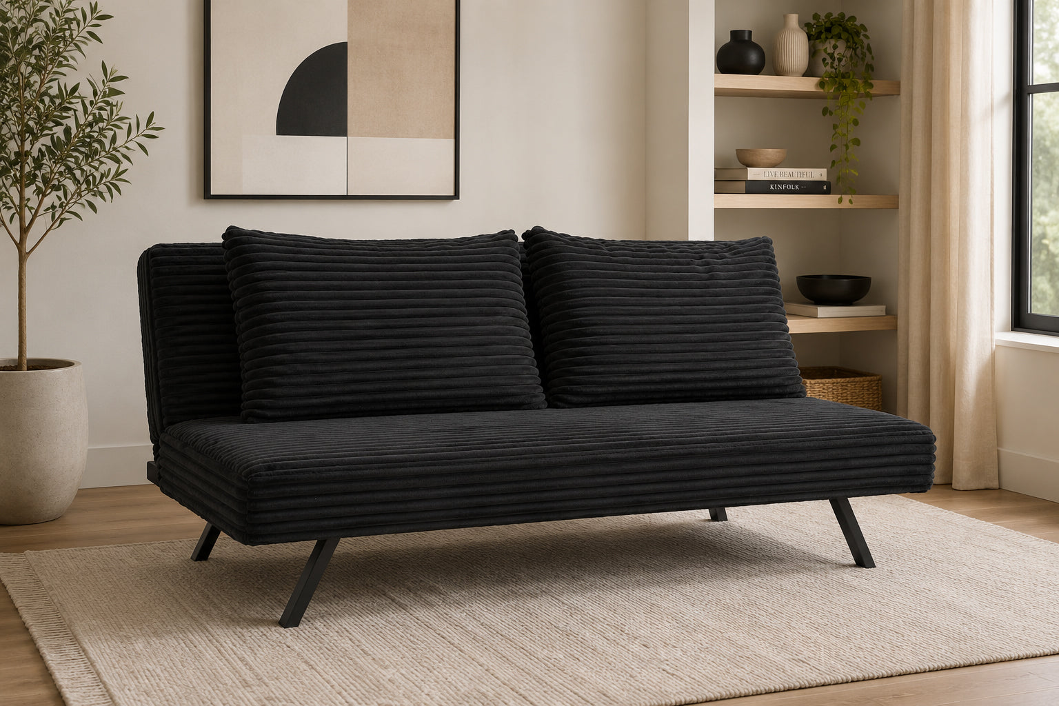 Black Corduroy Sofa Bed with Pillows – IF-8065