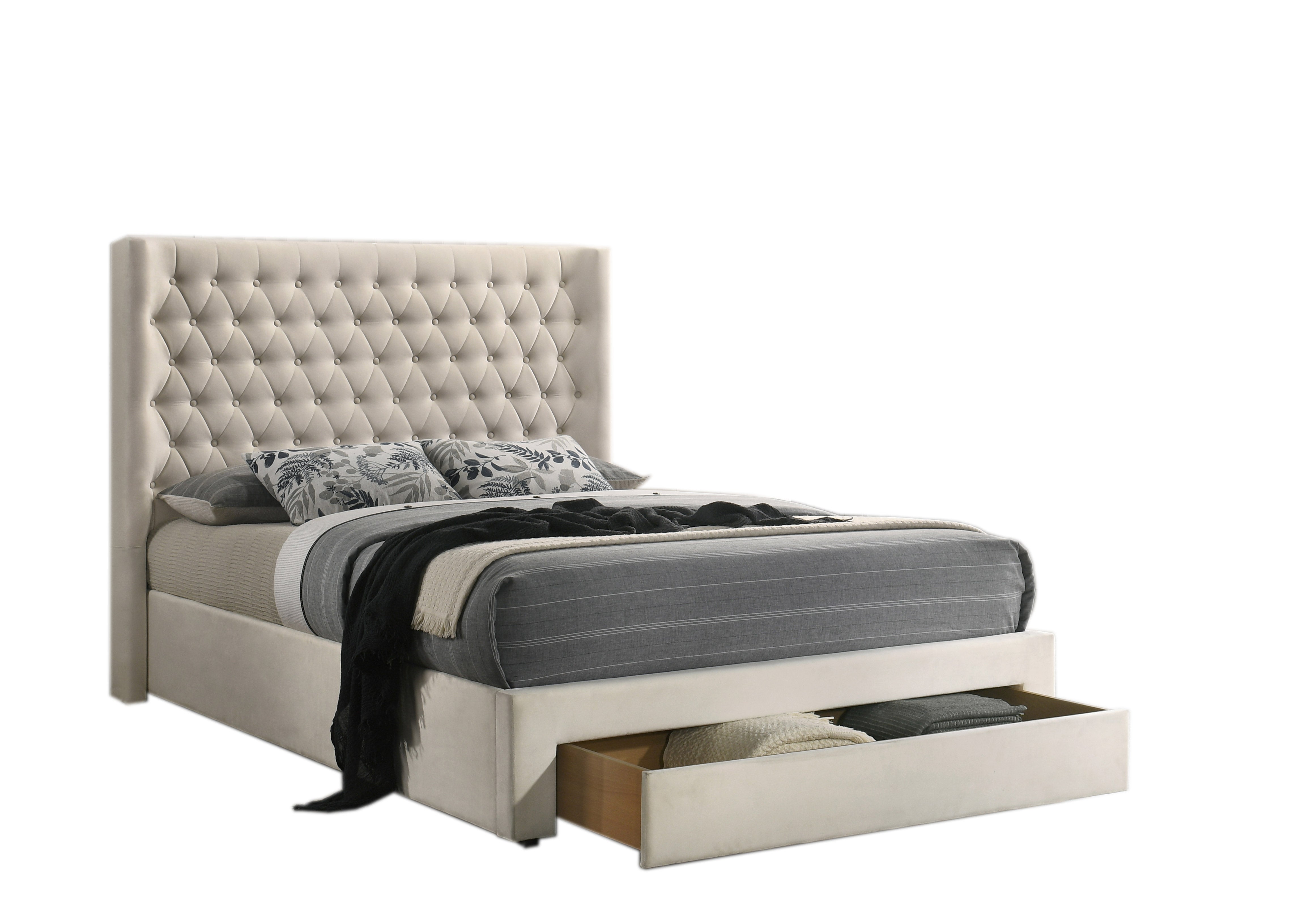 Ivory Tufted Storage Bed with Footboard Drawers – IF-5760