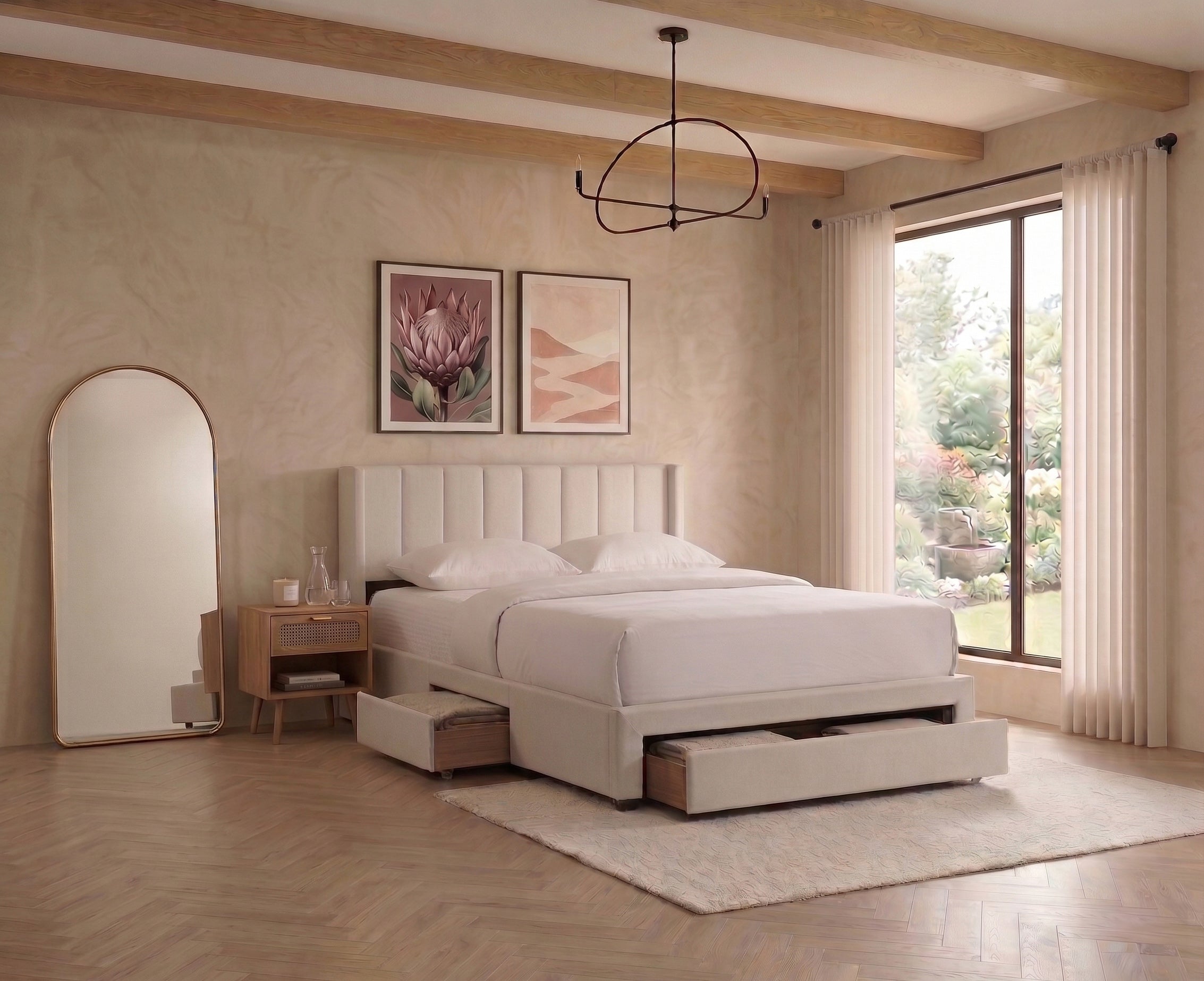 Beige Upholstered Storage Bed with Footboard Drawers – IF-5331