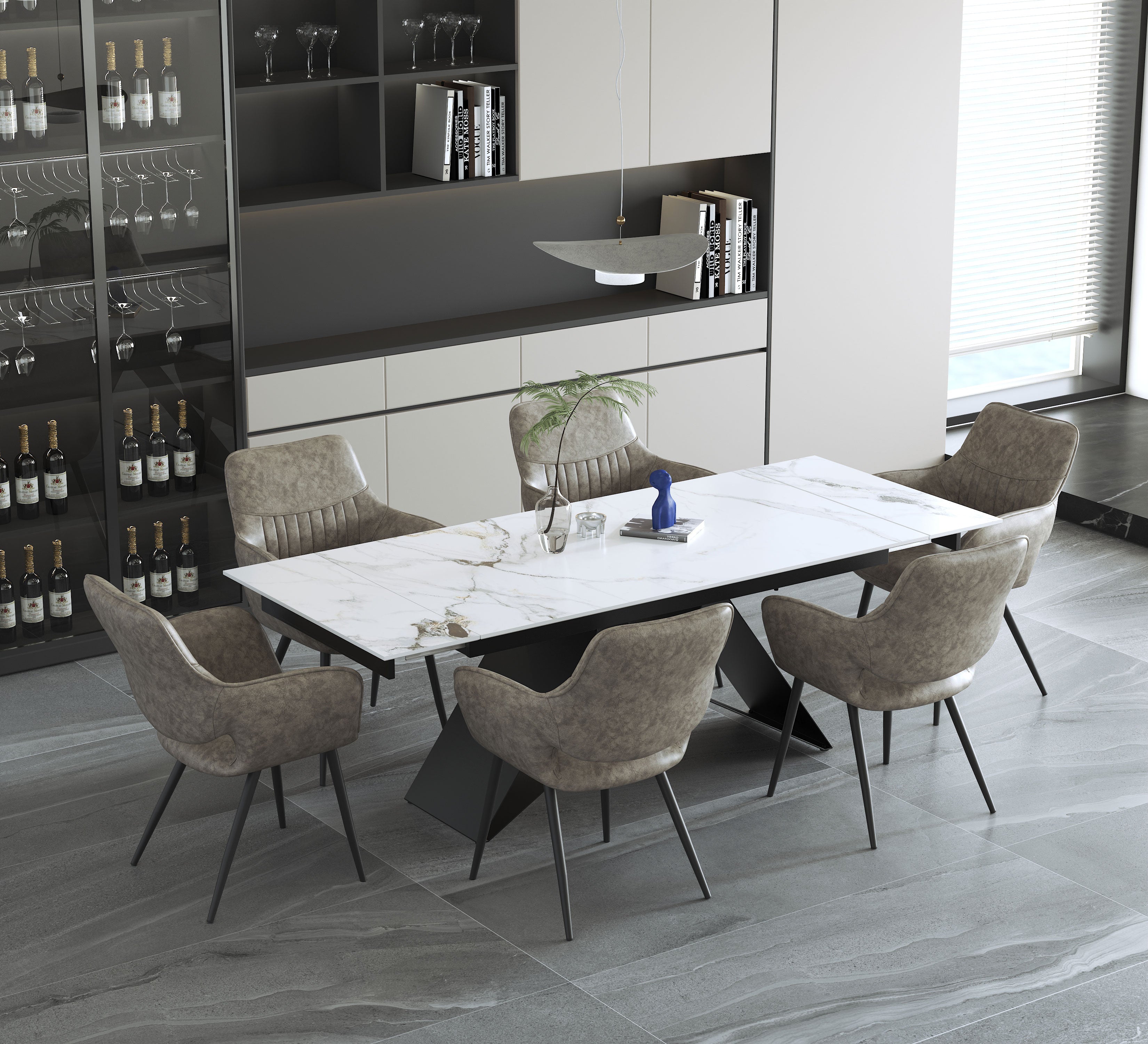 Sintered Stone Chanel Marble Top With X-Shape Black Steel Base Dinette Set – T-1545 C-1546