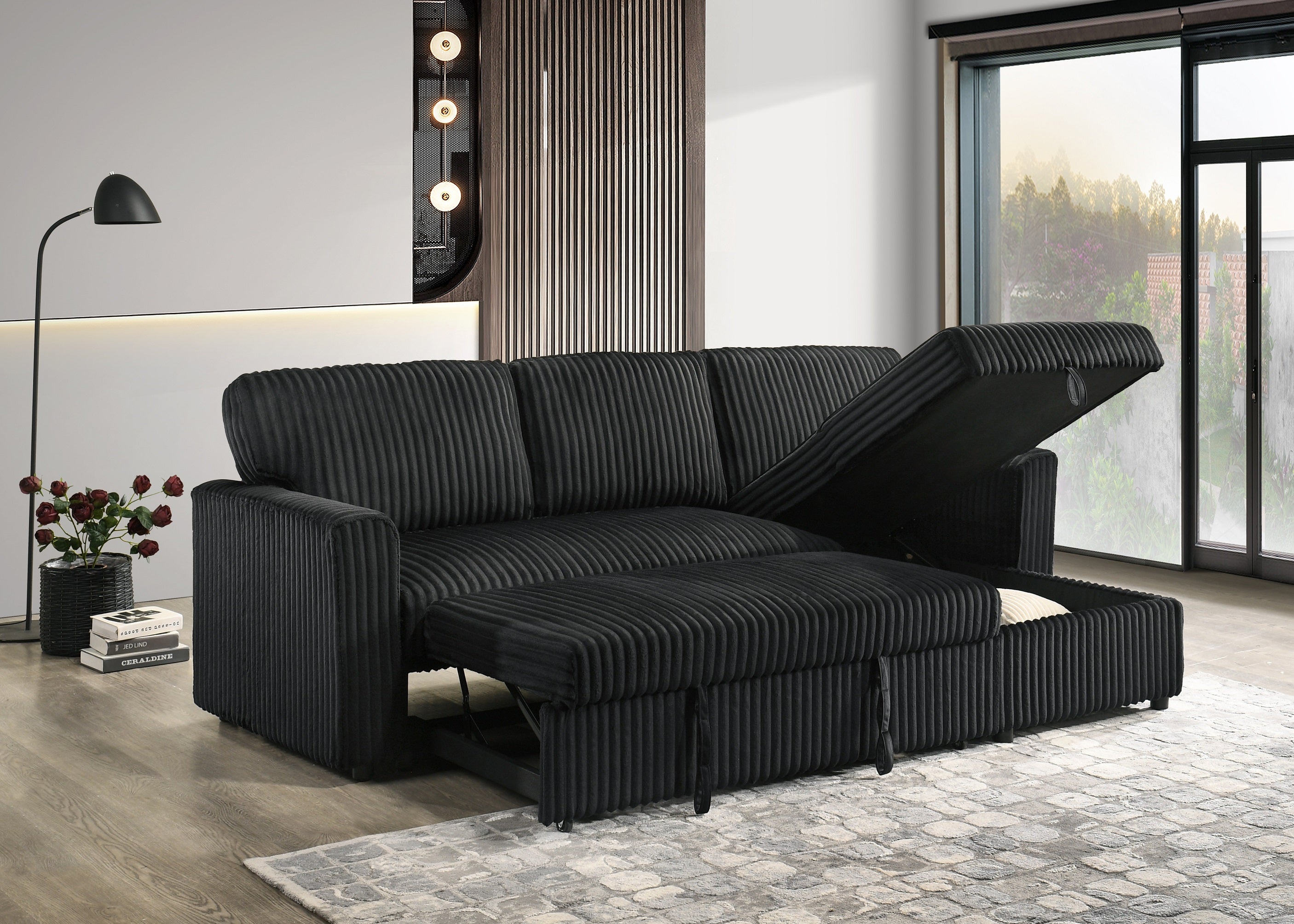 Black Corduroy Sleeper Sectional with Storage Chaise – IF-9024 W/Reversible Chaise