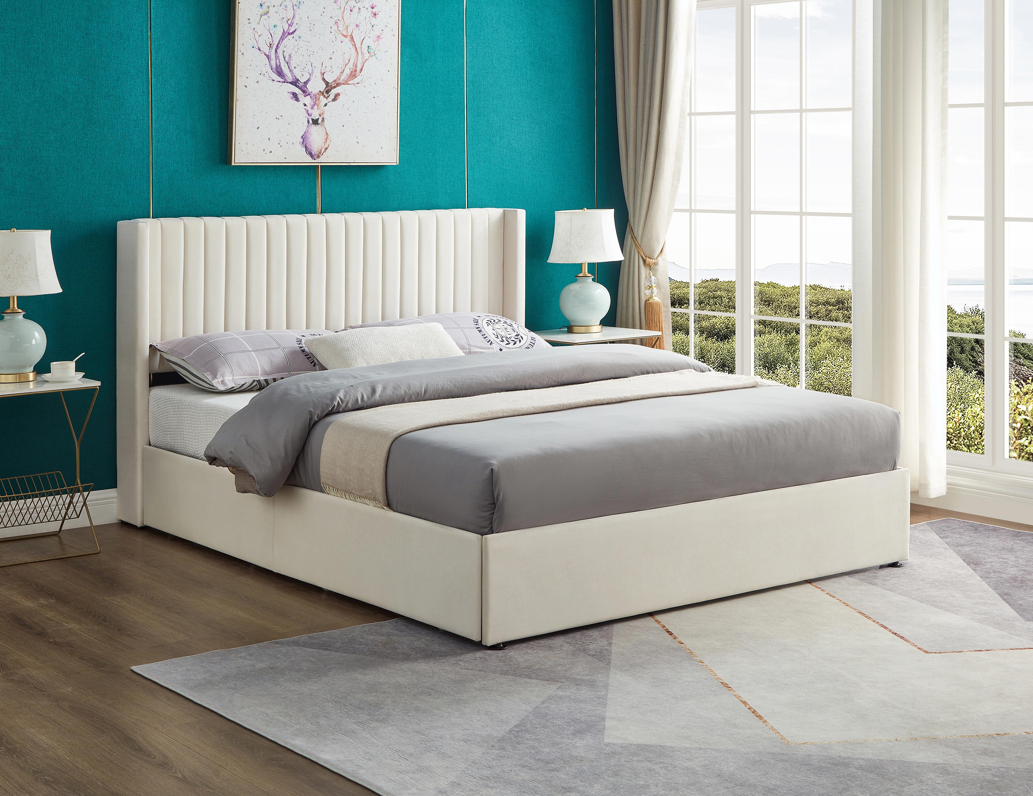Beige Channel-Tufted Platform Bed – IF-5407