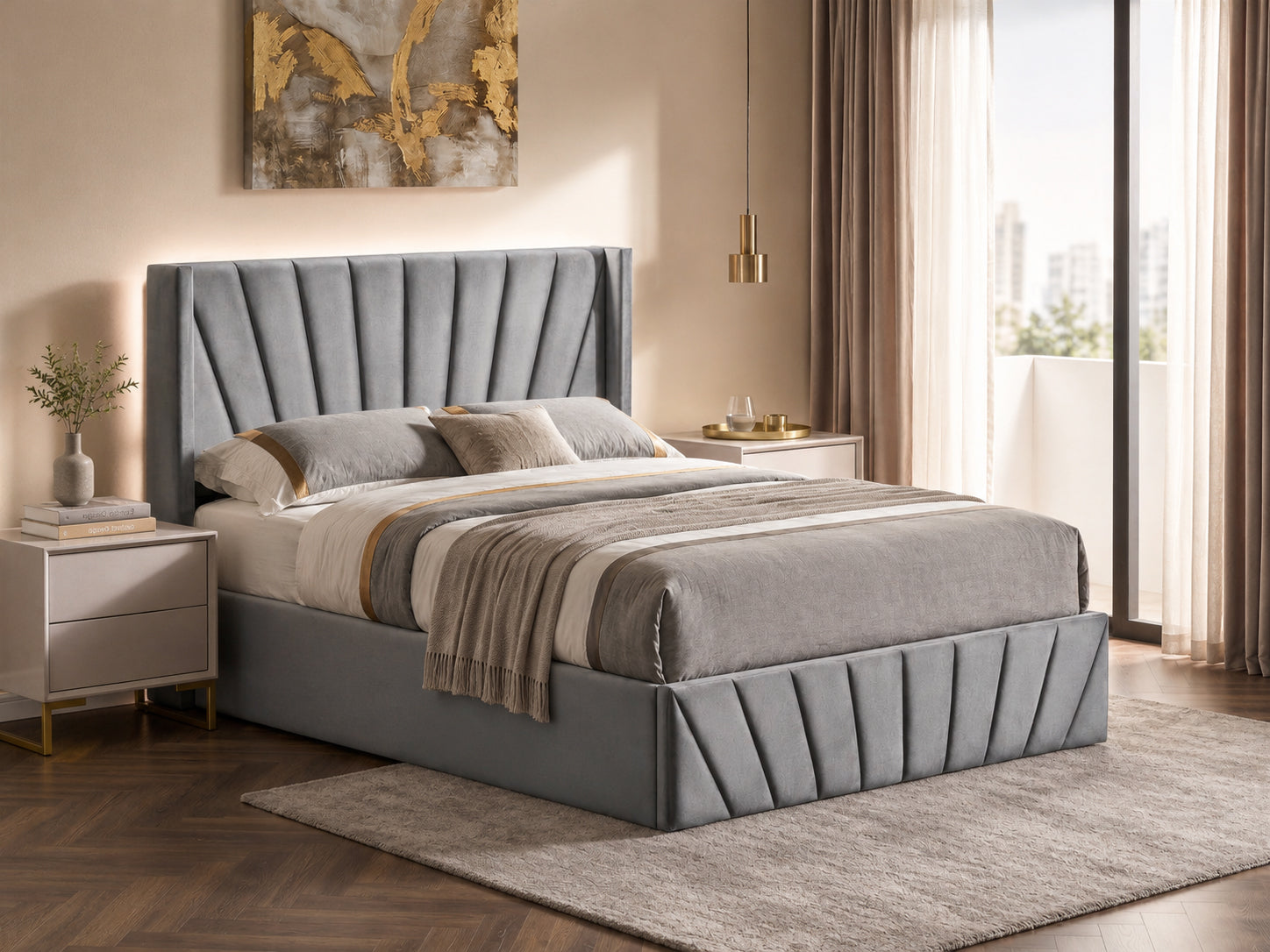 Grey Channel-Tufted Storage Bed with Hydraulic Lift – IF-5870