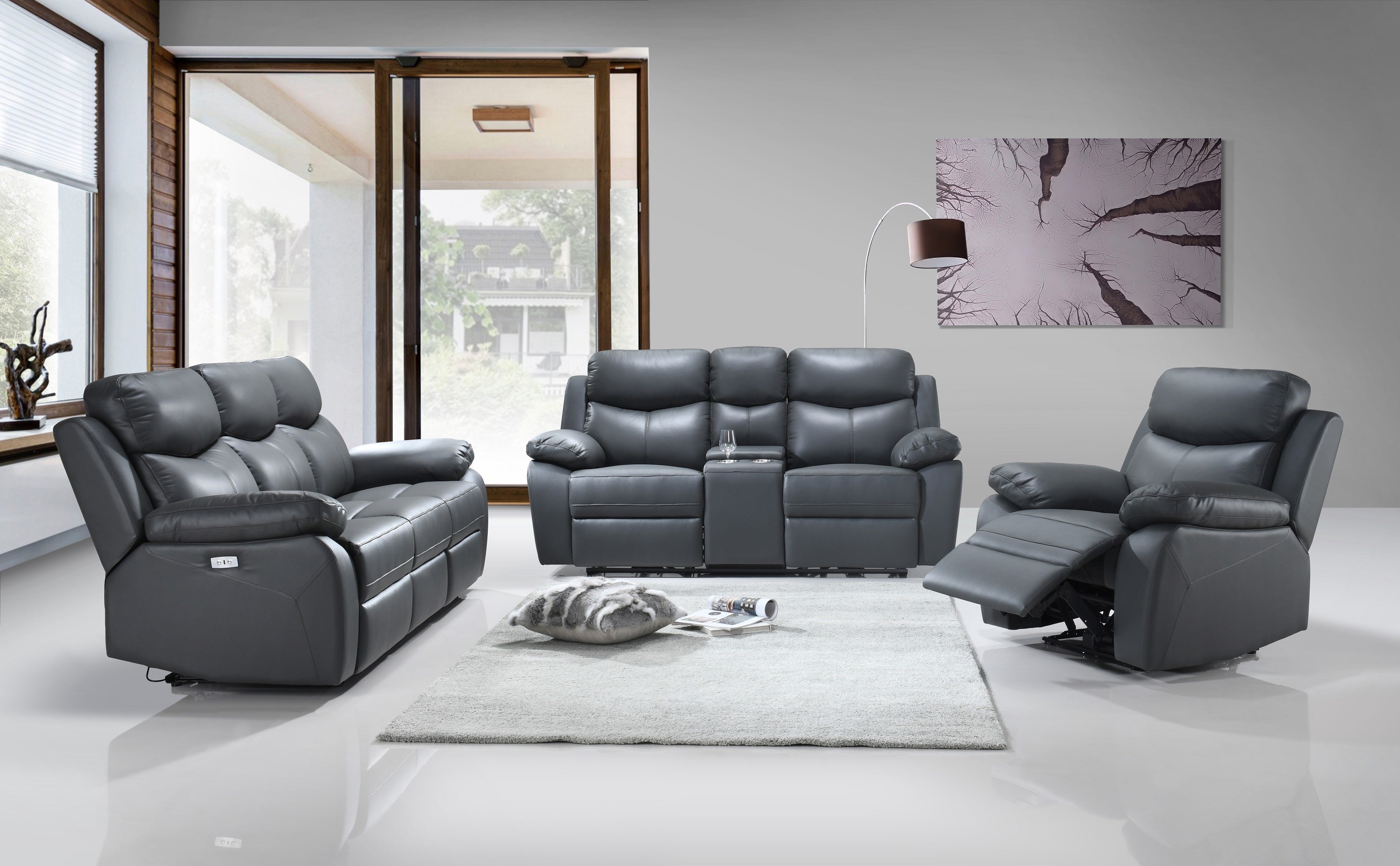 Grey Leather Power Reclining Sofa Set with Console – IF-8121 (Leather Match-Power)