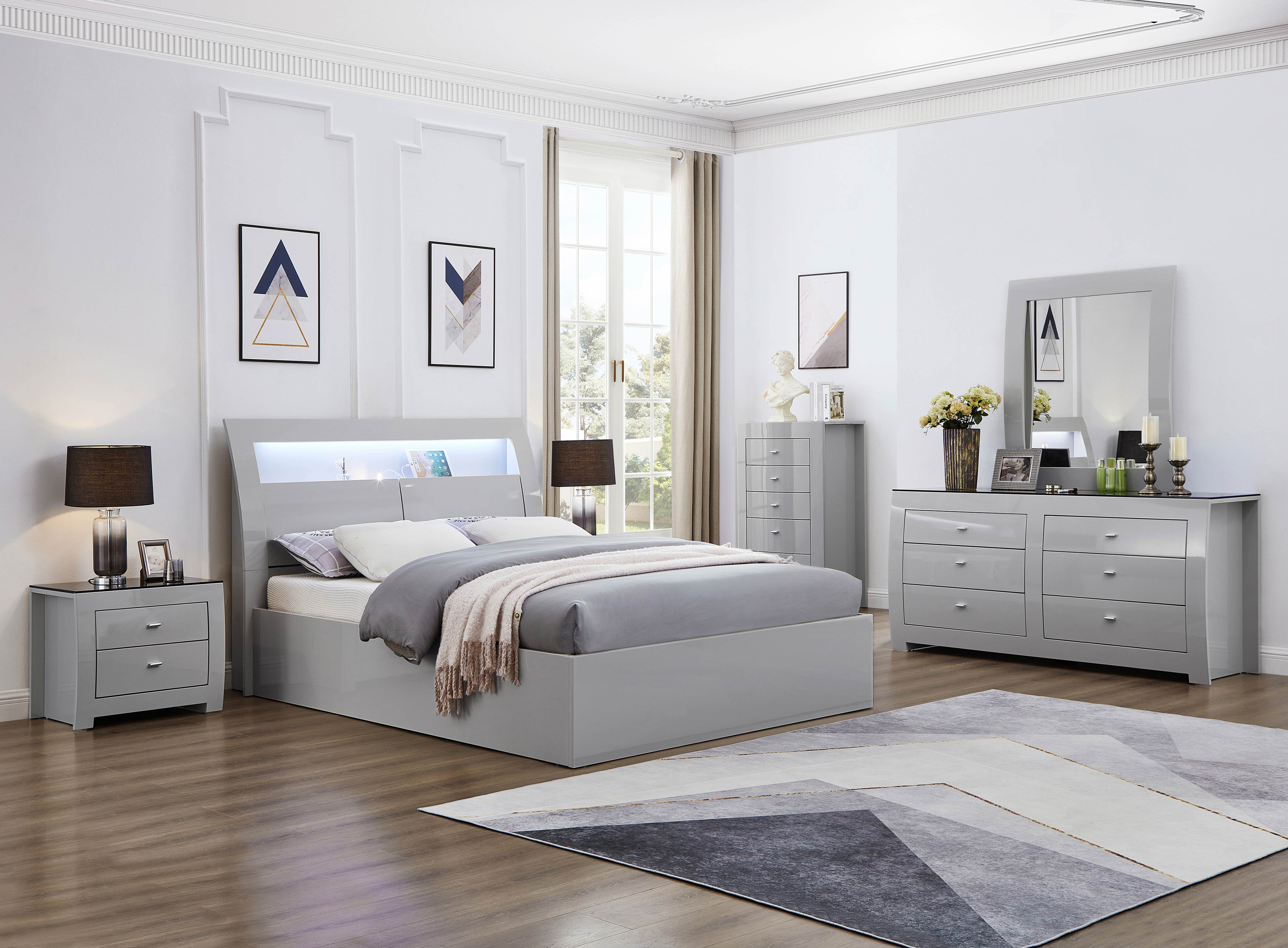 New York Grey Storage Bedroom Set with LED Lighting – New York