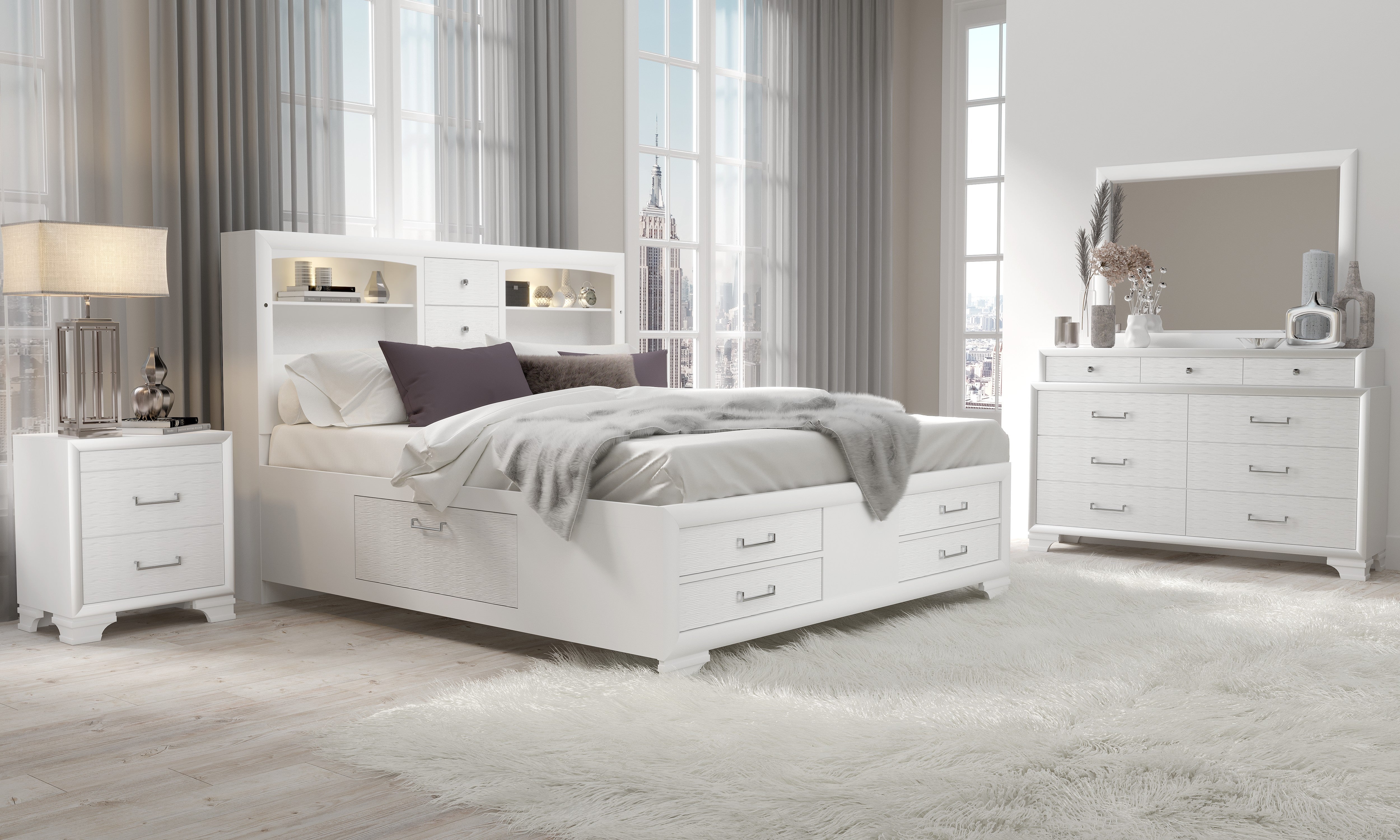 Jordyn White Bookcase Headboard Bedroom Set with Storage – Jordyn (White)