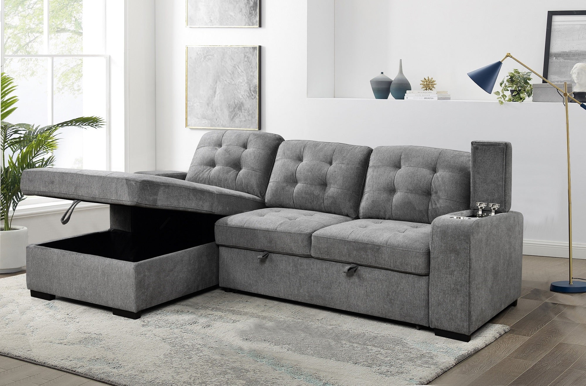 Grey Tufted Sleeper Sectional with Storage Chaise – IF-9050 LHF