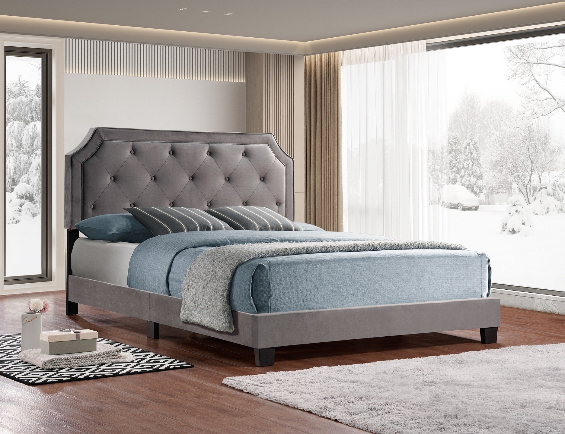 Grey Tufted Wingback Bed with Nailhead Trim – IF-5610