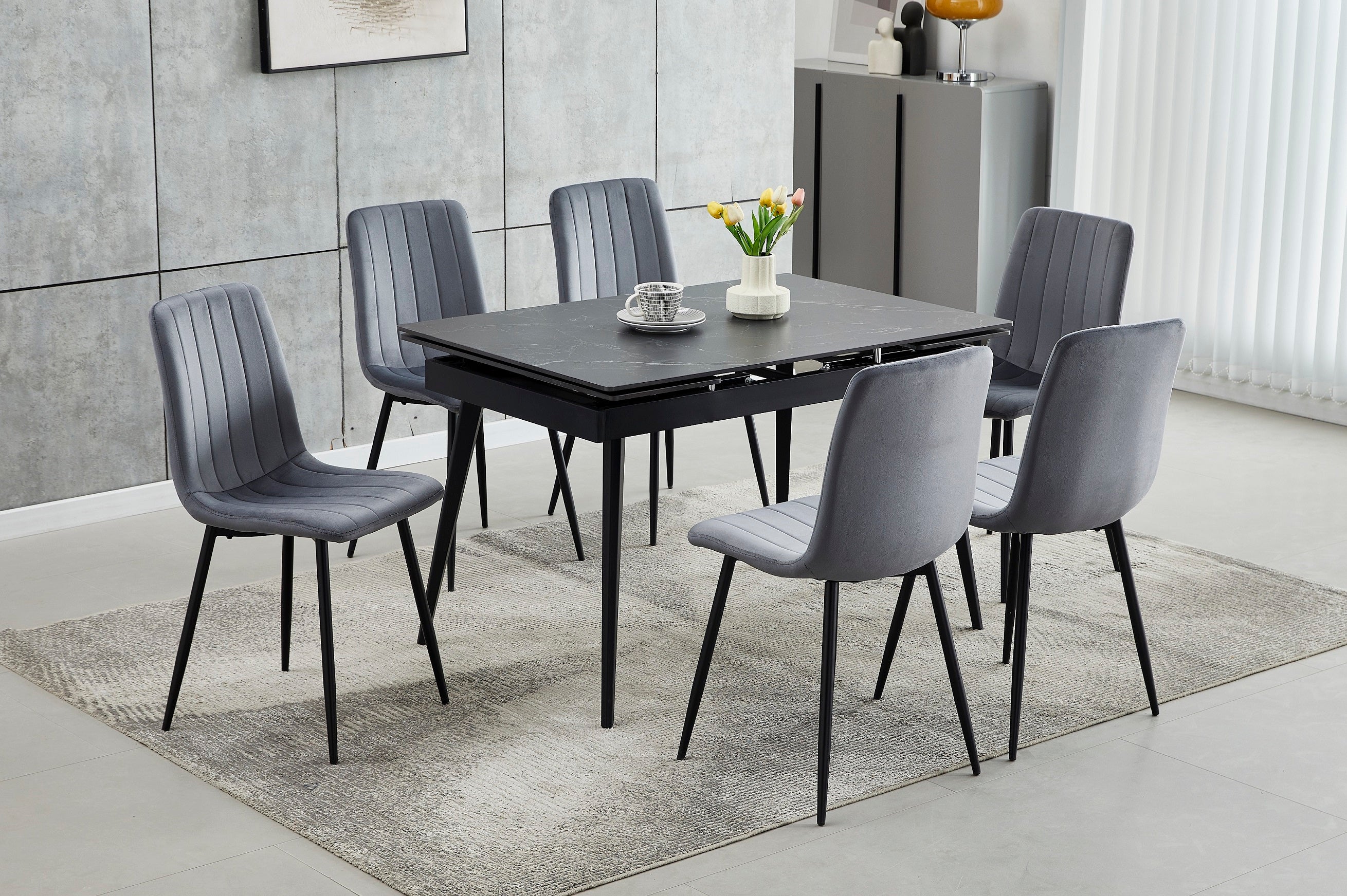 Extension Table: Sintered Stone Marble Top With Black Steel Legs Dinette Set – T-1472 C-1474