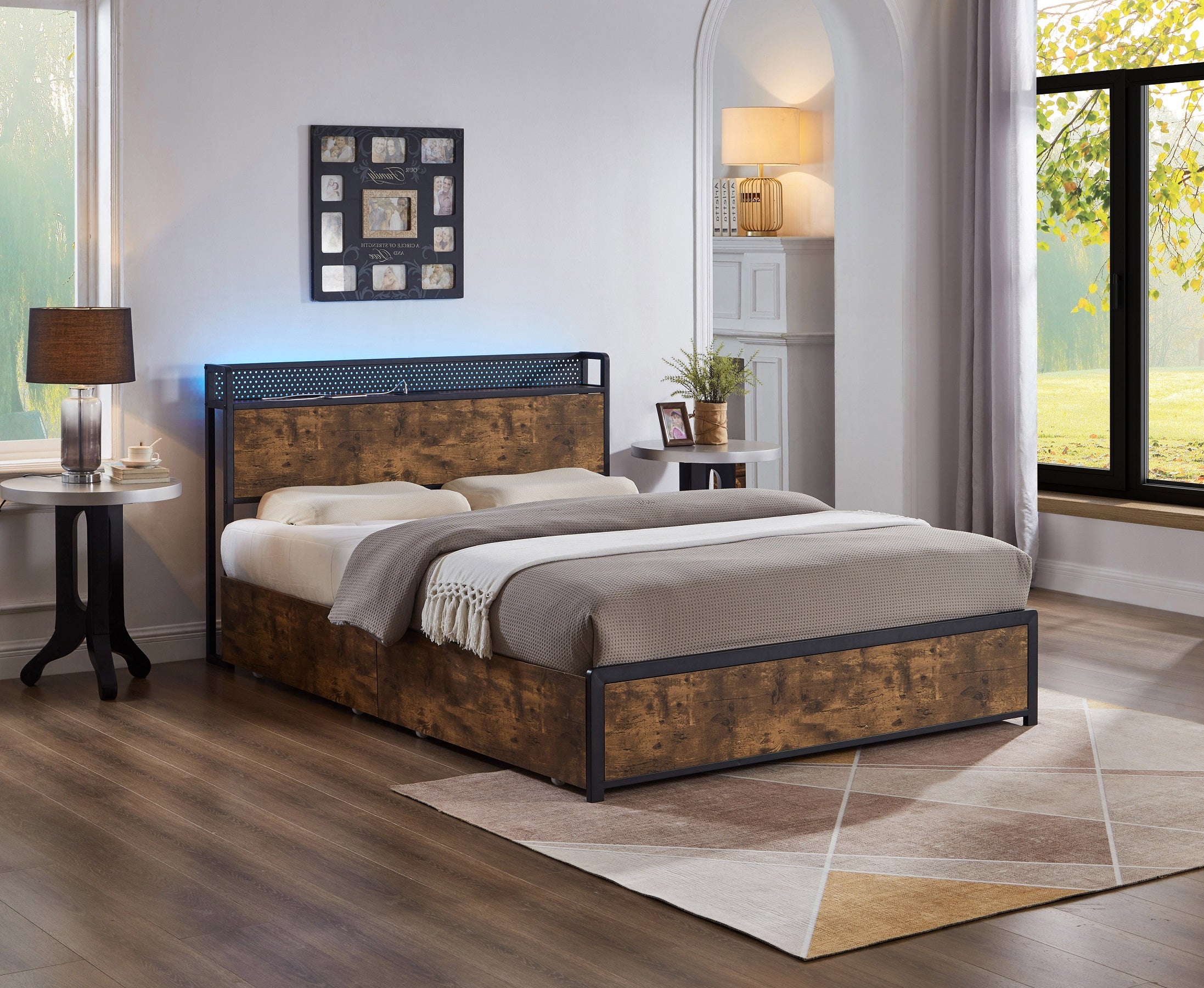 Rustic Wood Storage Bed with LED Headboard – IF-5930