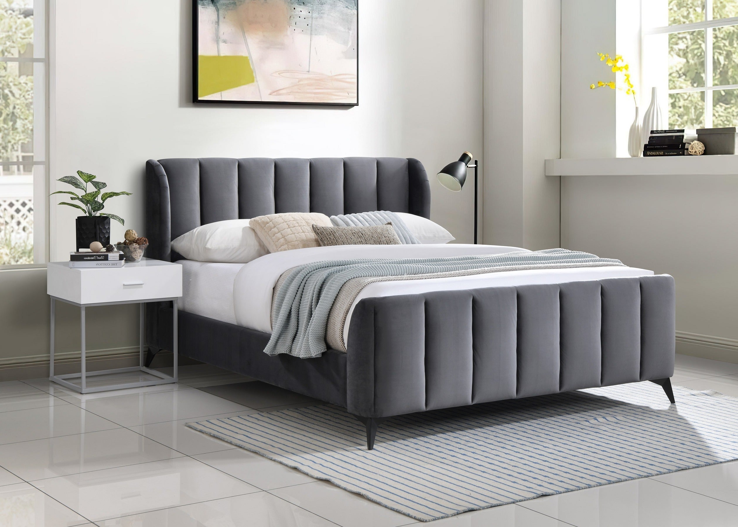 Grey Channel-Tufted Platform Bed – IF-5120
