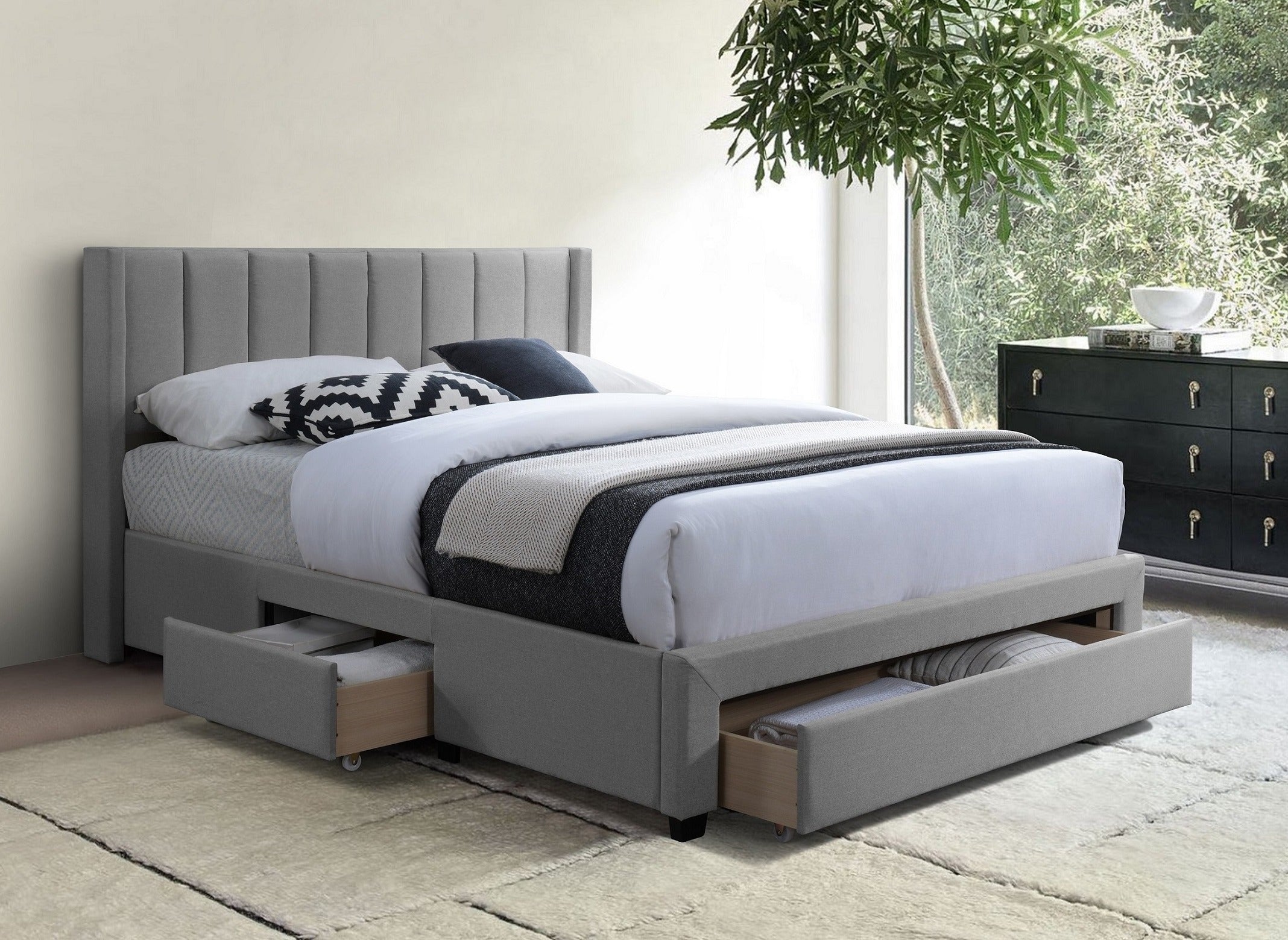 Grey Upholstered Storage Bed with Footboard Drawers – IF-5330