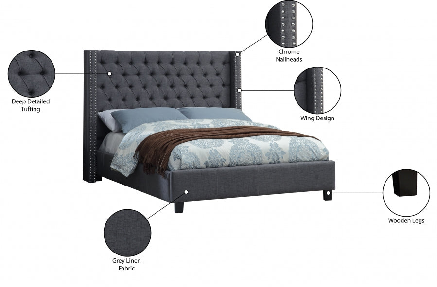 Charcoal Tufted Wingback Bed with Nailhead Trim – IF-5897