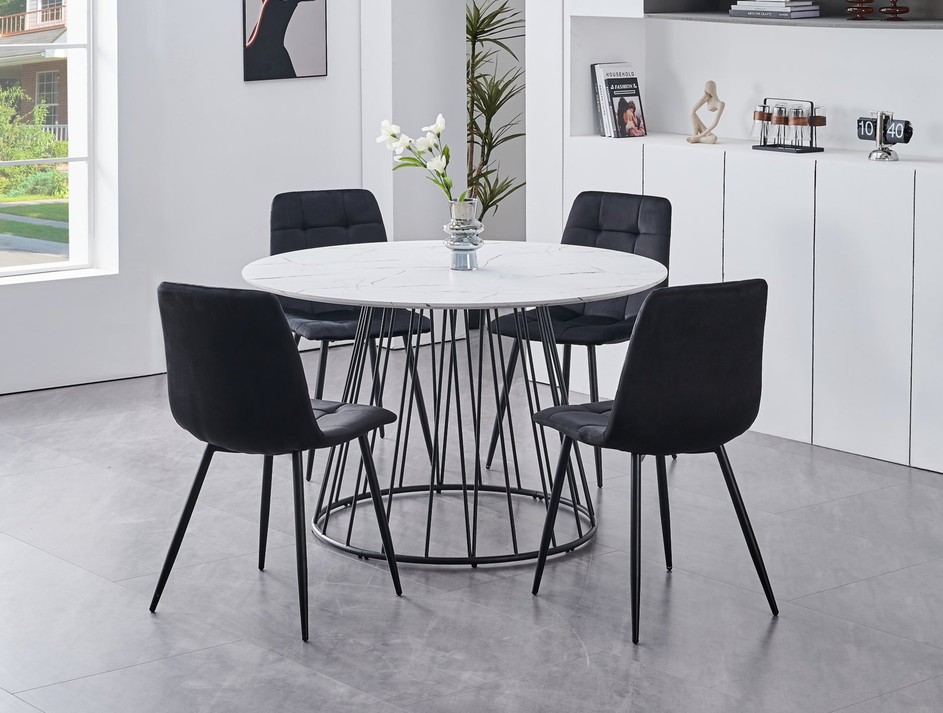 Table: White Marble Veneer Top With Black Pedestal Steel Base Dinette Set – T-1590 C-1591
