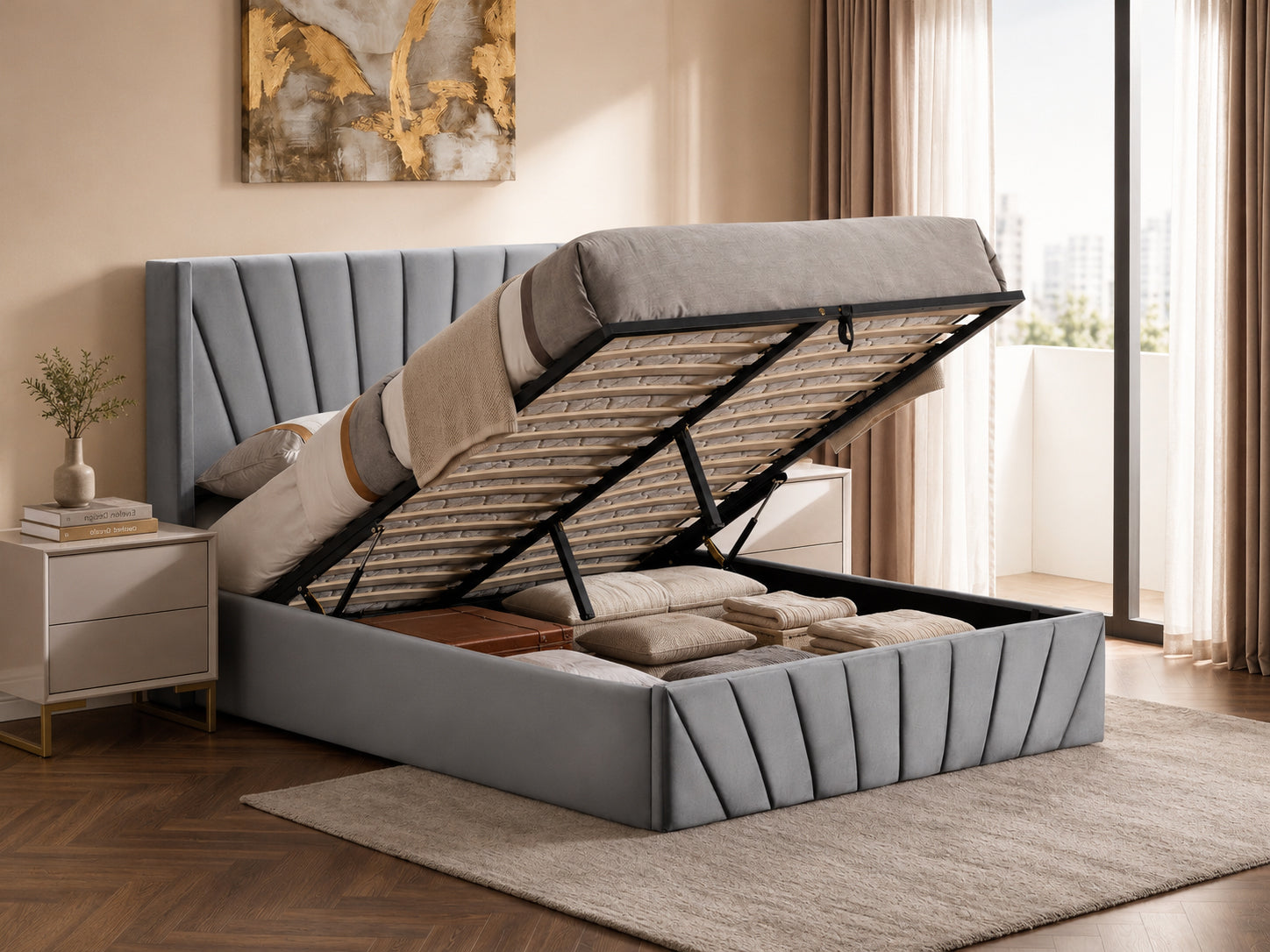 Grey Channel-Tufted Storage Bed with Hydraulic Lift – IF-5870