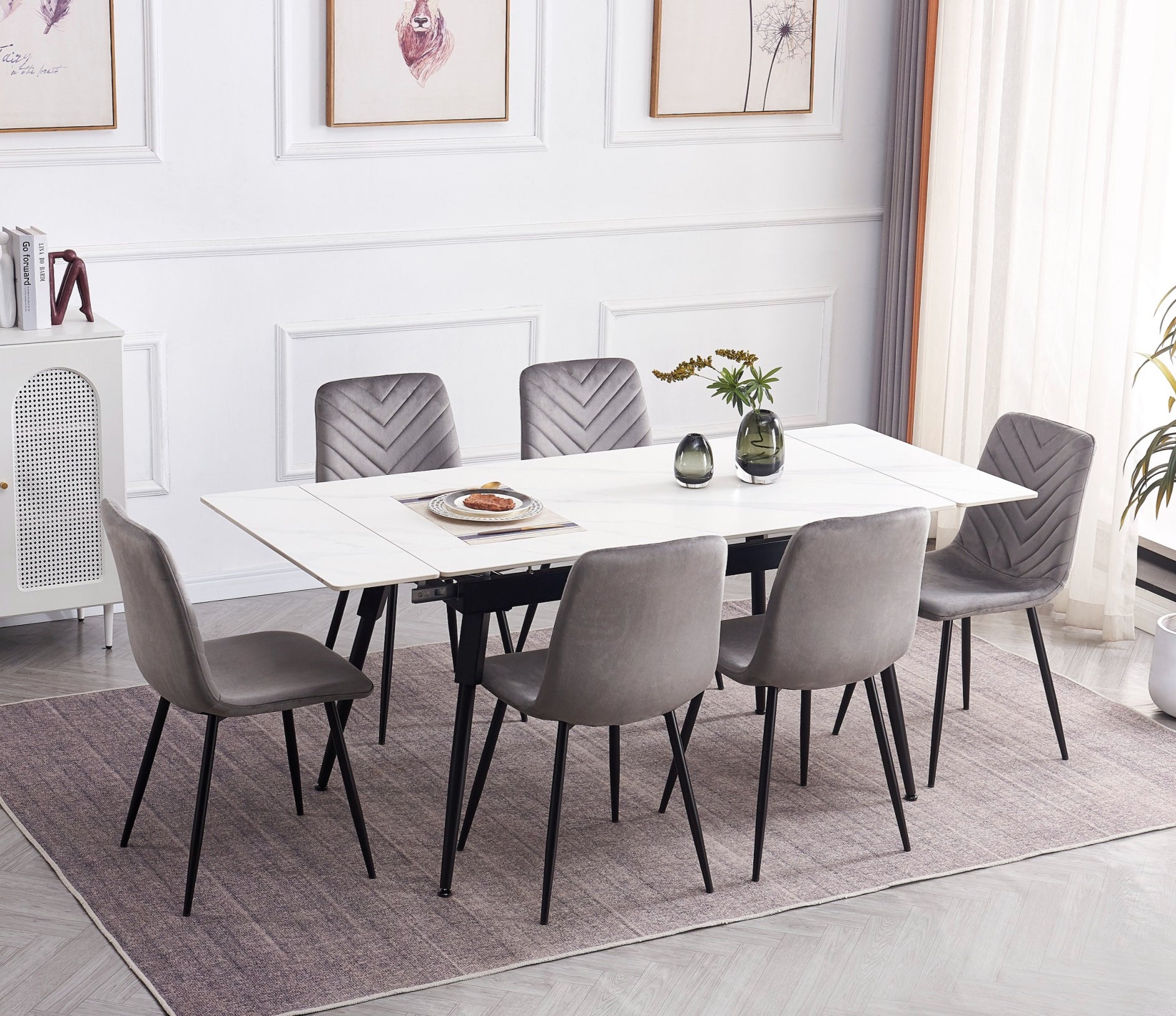 Extension Table: Sintered Stone White Marble Top With Black Steel Legs Dinette Set – T-1818 C-1817