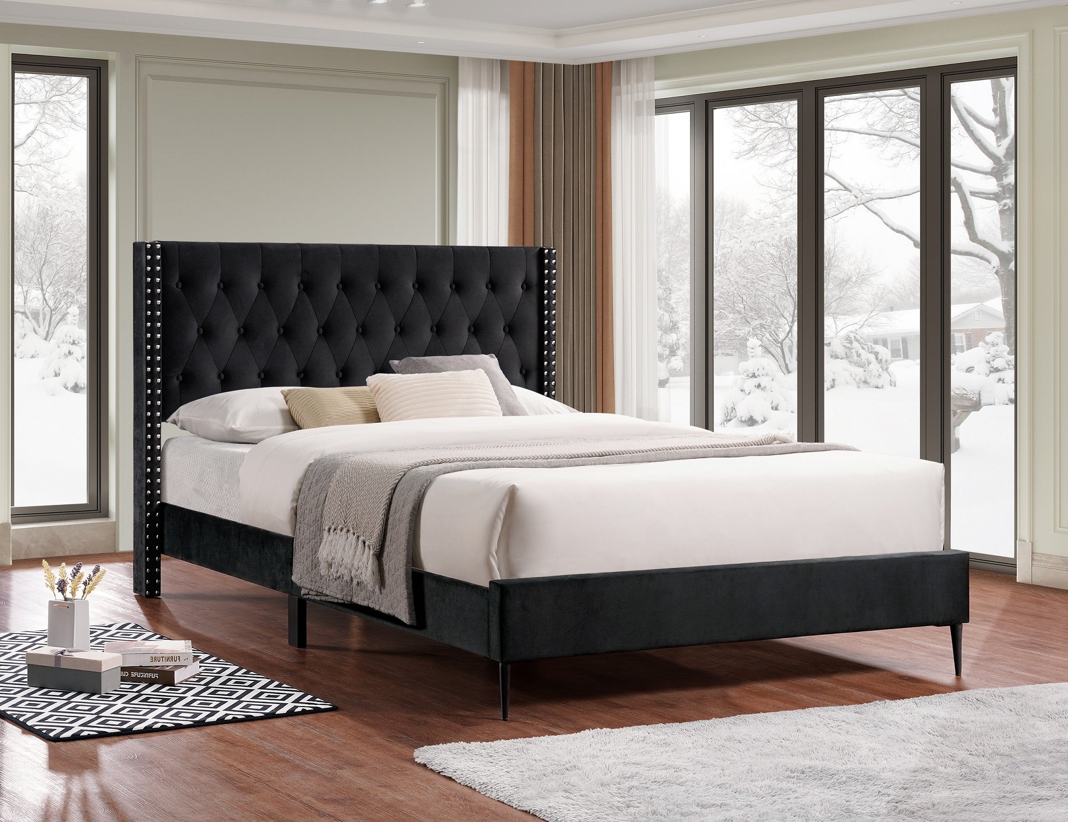 Black Tufted Wingback Bed with Nailhead Trim – IF-5593