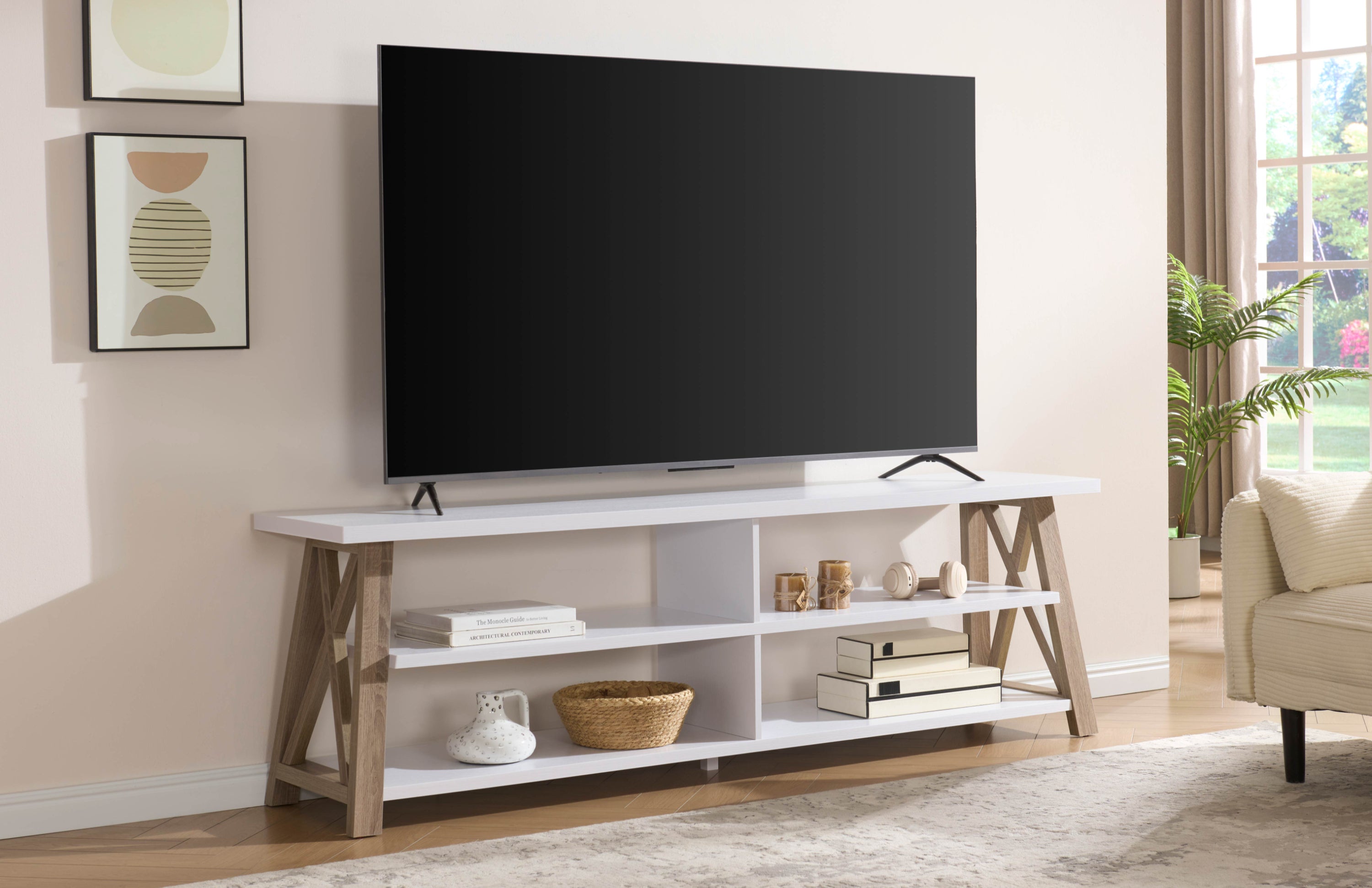 Three open shelves provide ample space for media equipment, décor, or books TV Stand – IF-5009-71...