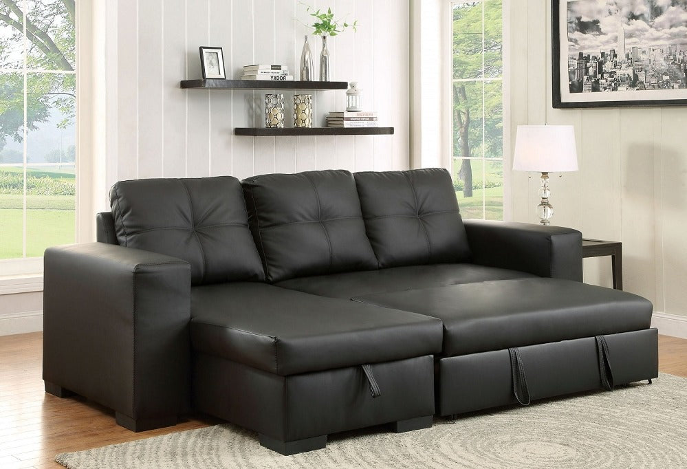 Black Faux Leather Sleeper Sectional with Storage Chaise – IF-9032 W/Reversible Chaise