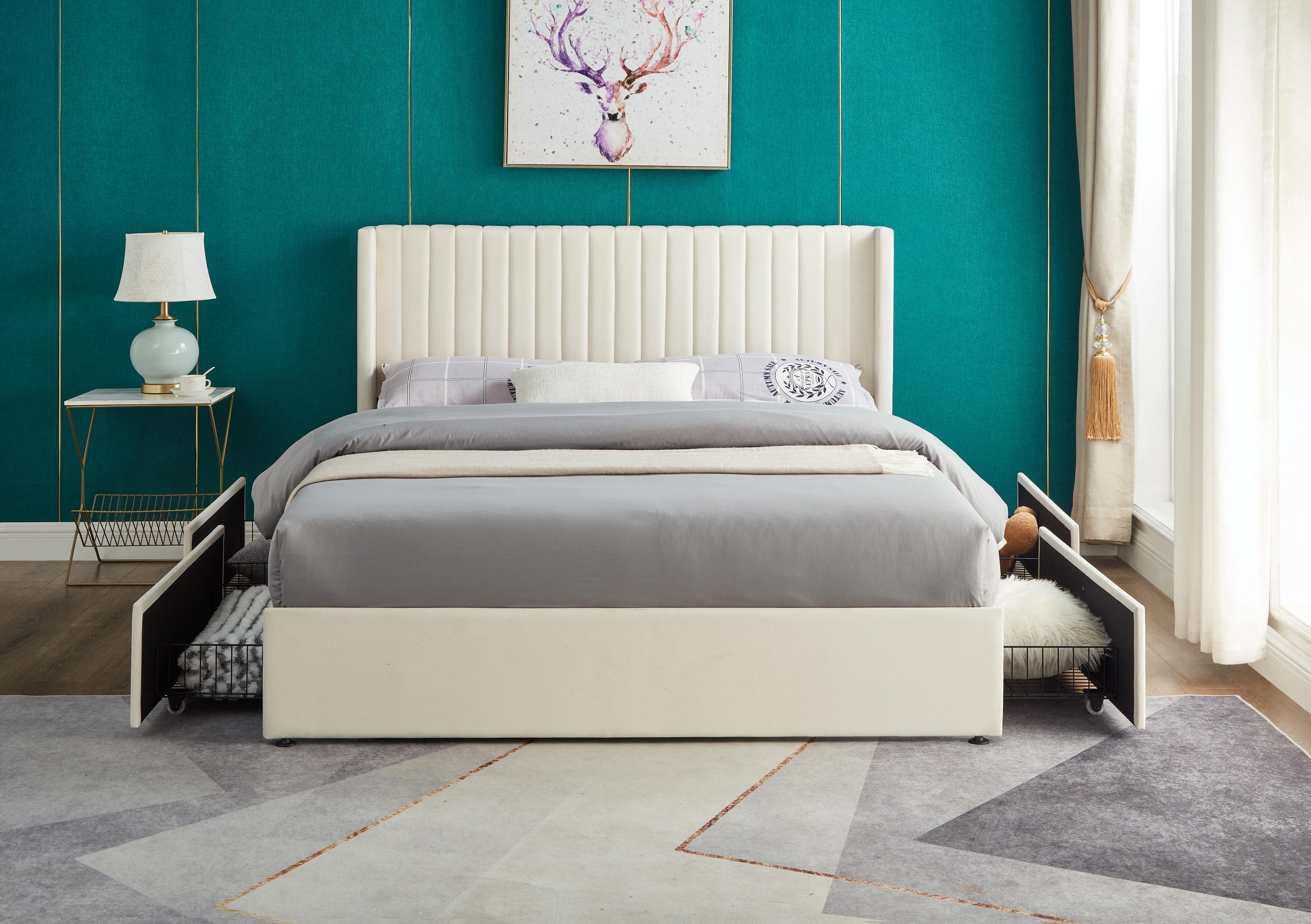 Beige Channel-Tufted Platform Bed – IF-5407