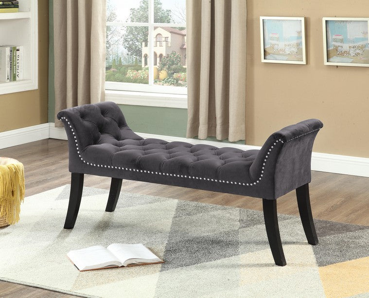 Grey Tufted Bench with Rolled Arms and Nailhead Trim – IF-6230