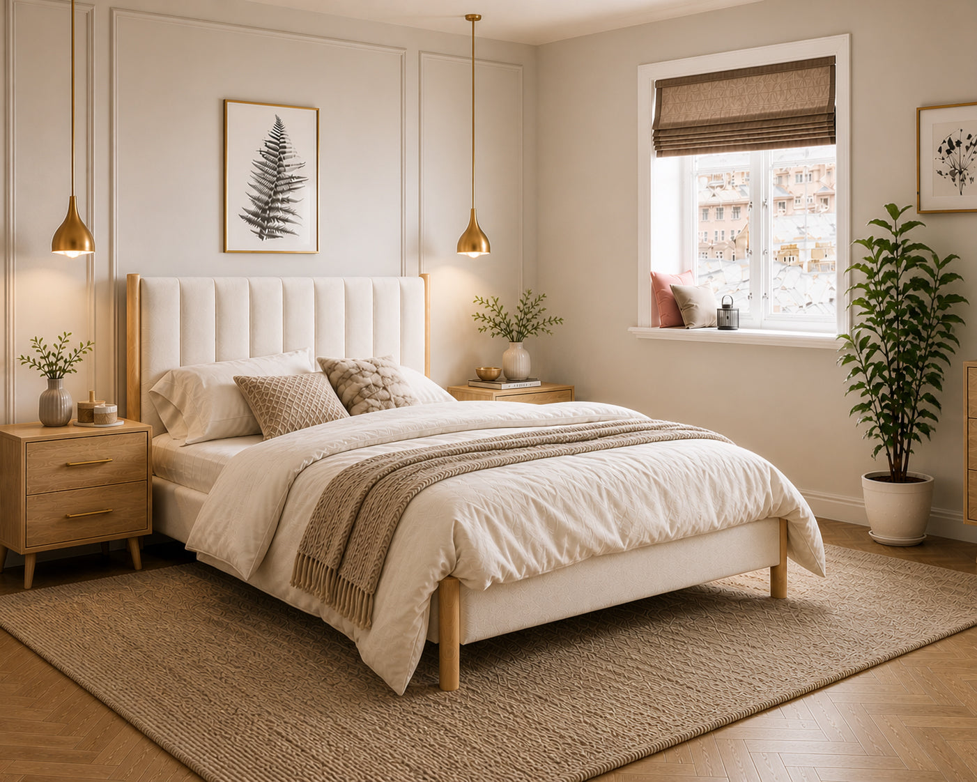 Natural Oak Finish with Cream Channel-Tufted Headboard Bed – IF-5917