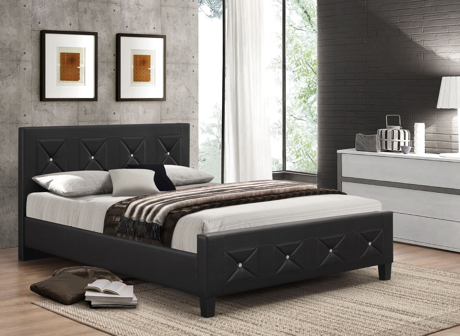 Black Faux Leather Bed with Diamond-Tufted Headboard – IF-177