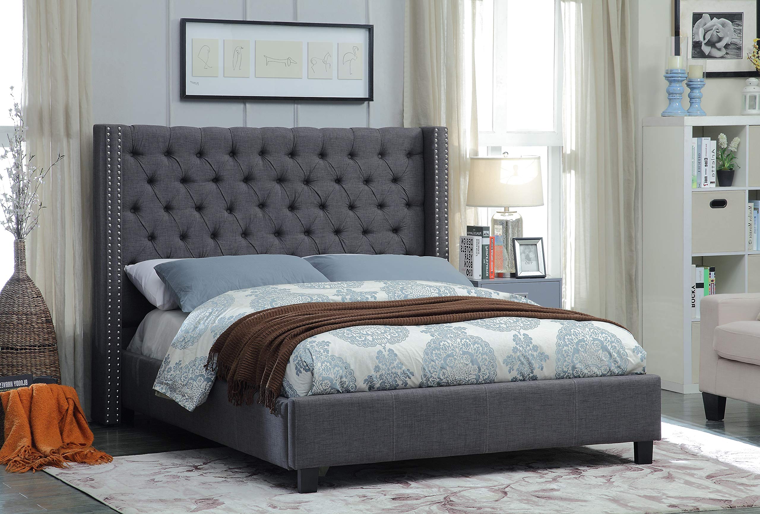 Charcoal Tufted Wingback Bed with Nailhead Trim – IF-5897