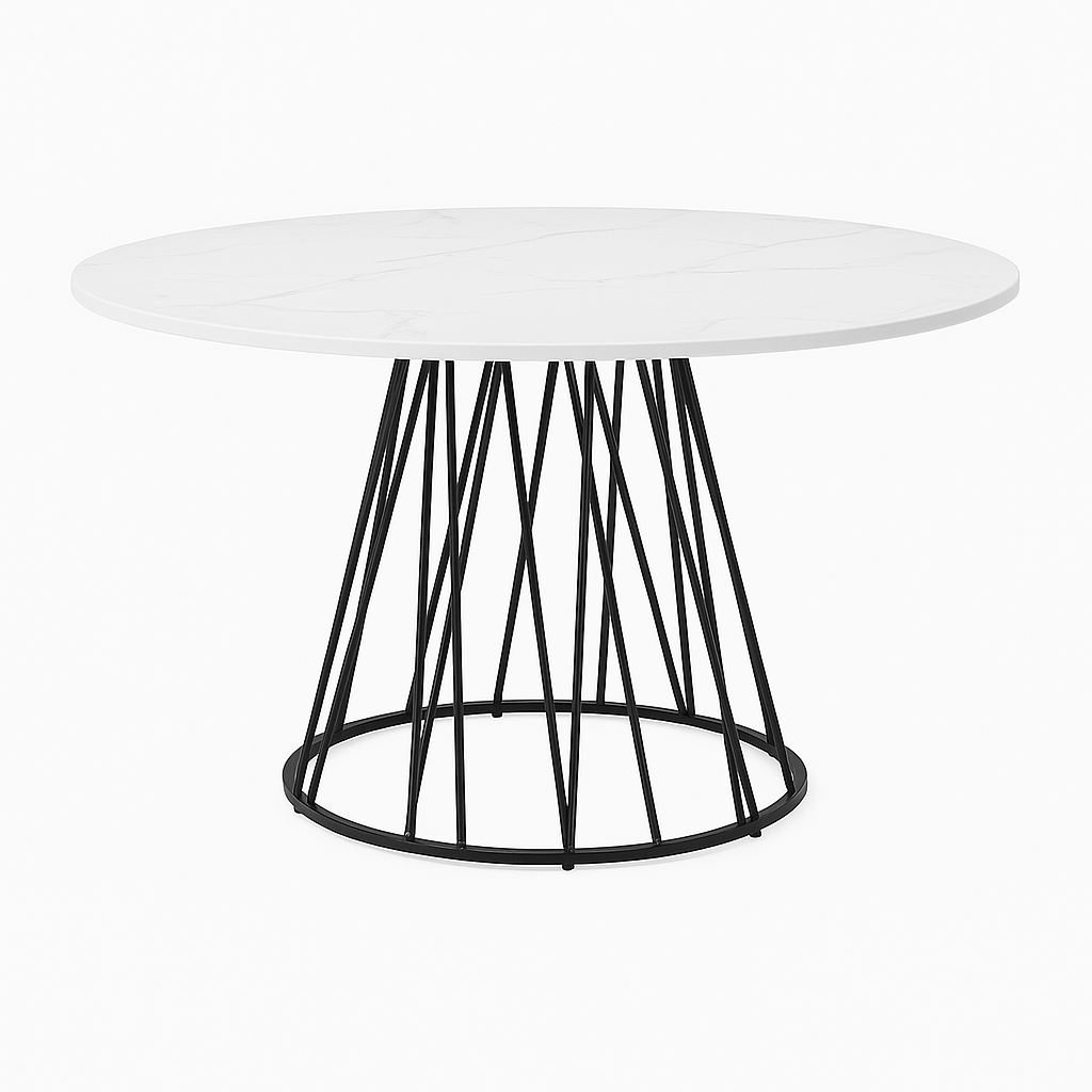 Table: White Marble Veneer Top With Black Pedestal Steel Base Dinette Set – T-1590 C-1591