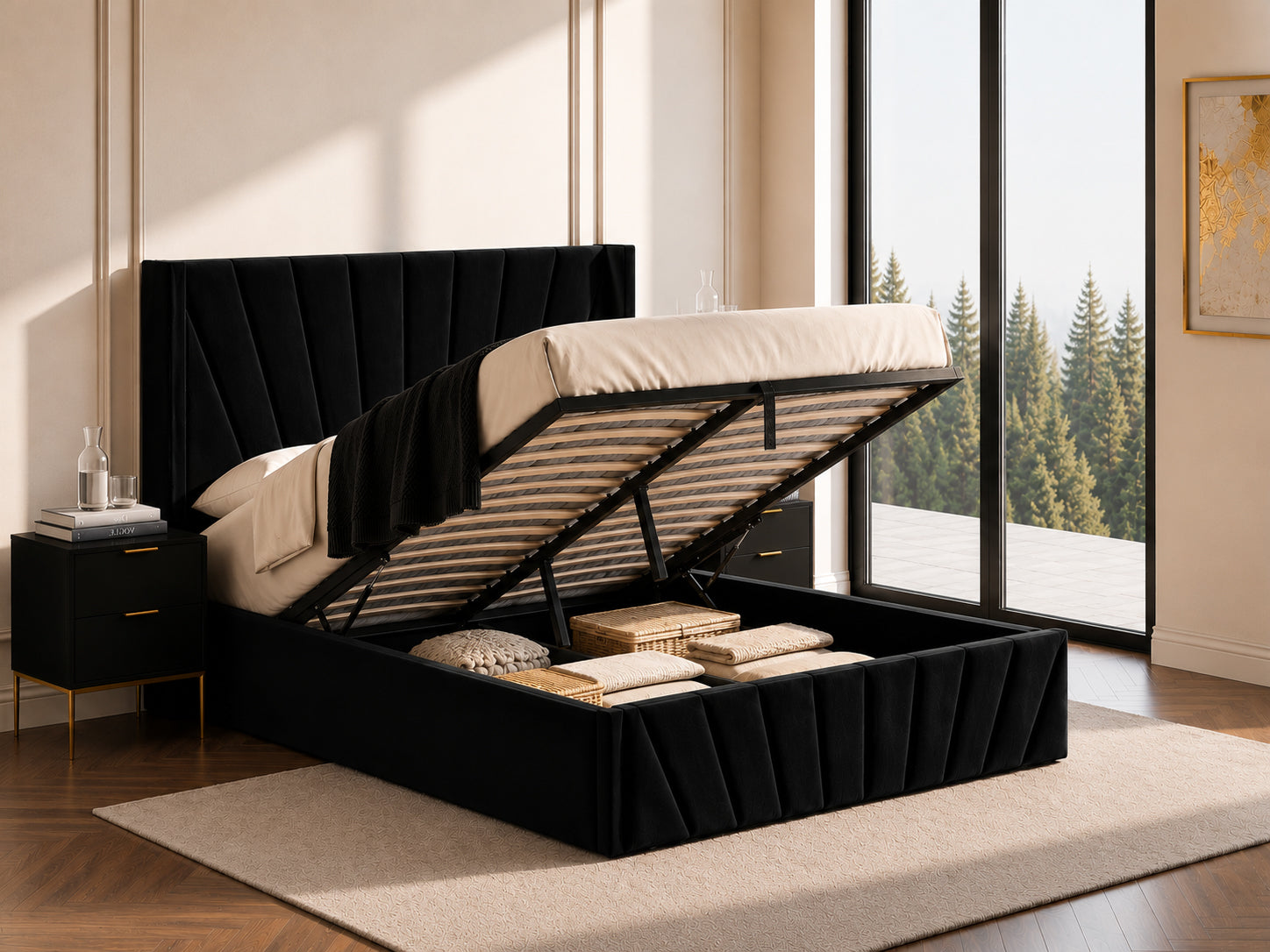Black Velvet Storage Bed with Hydraulic Lift – IF-5873