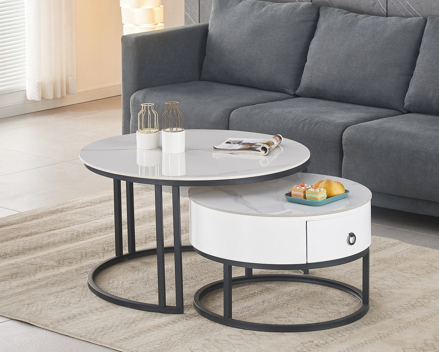 Calacatta White Stone Top With Black Steel Base Coffee / Side Table – IF-2669
