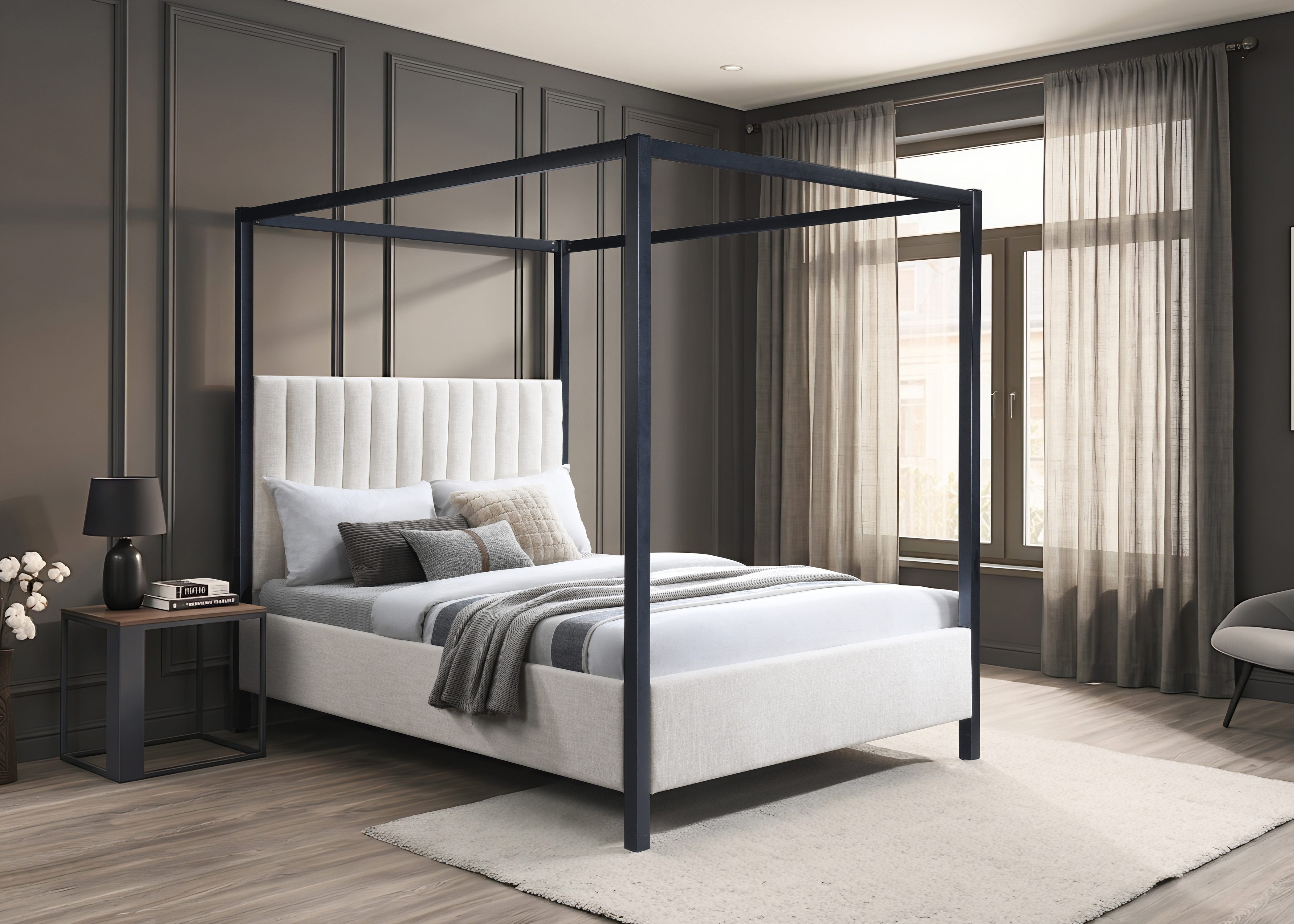 Modern Canopy Bed with Beige Upholstered Headboard – IF-5932