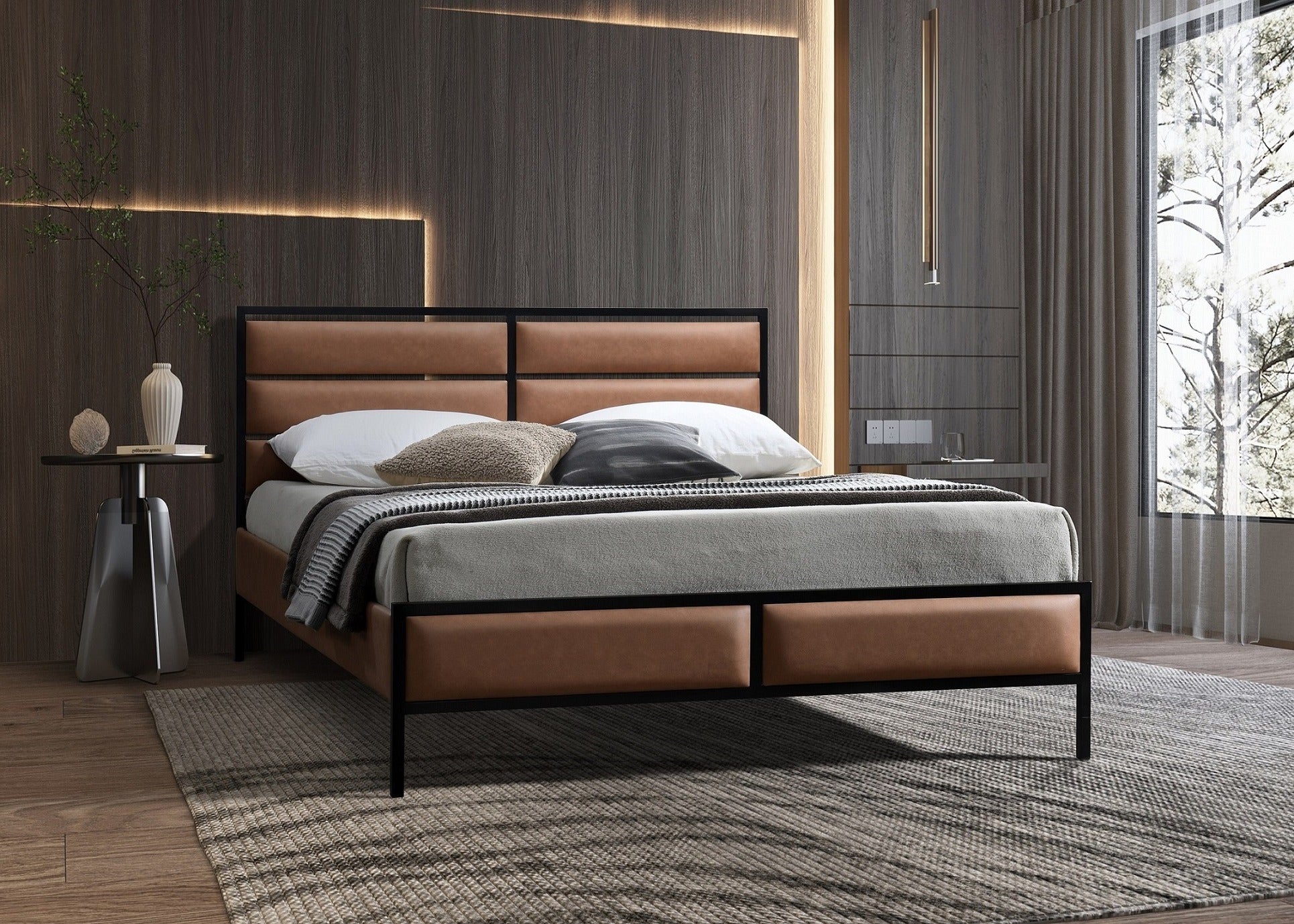 Cognac Faux Leather Channel-Tufted Bed – IF-5335