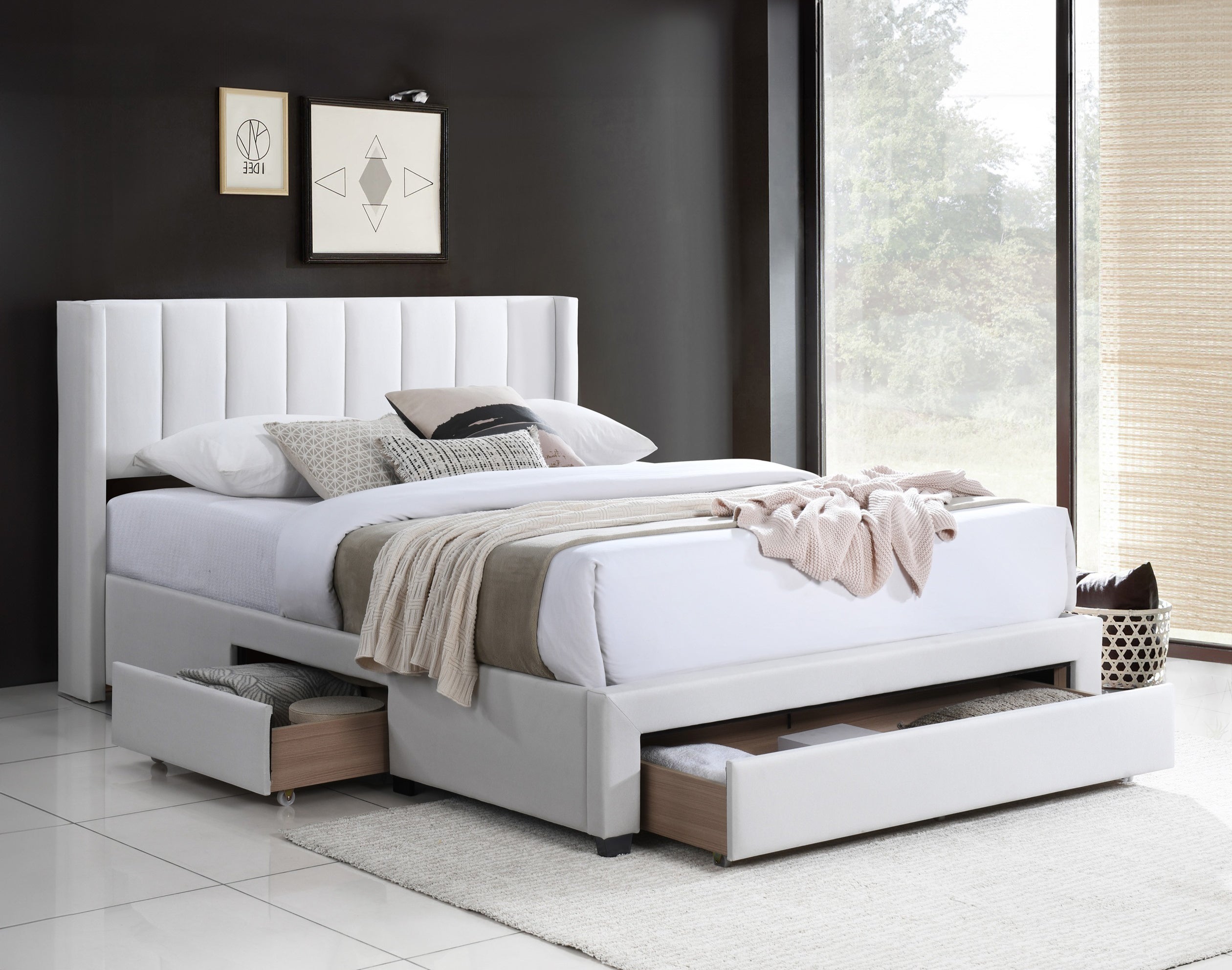 Beige Upholstered Storage Bed with Footboard Drawers – IF-5331