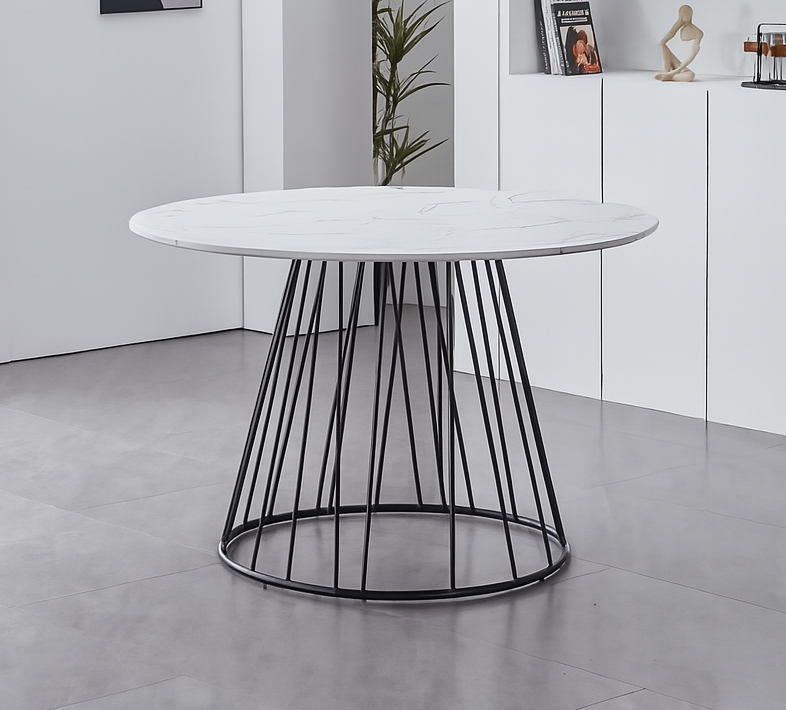 Table: White Marble Veneer Top With Black Pedestal Steel Base Dinette Set – T-1590 C-1593
