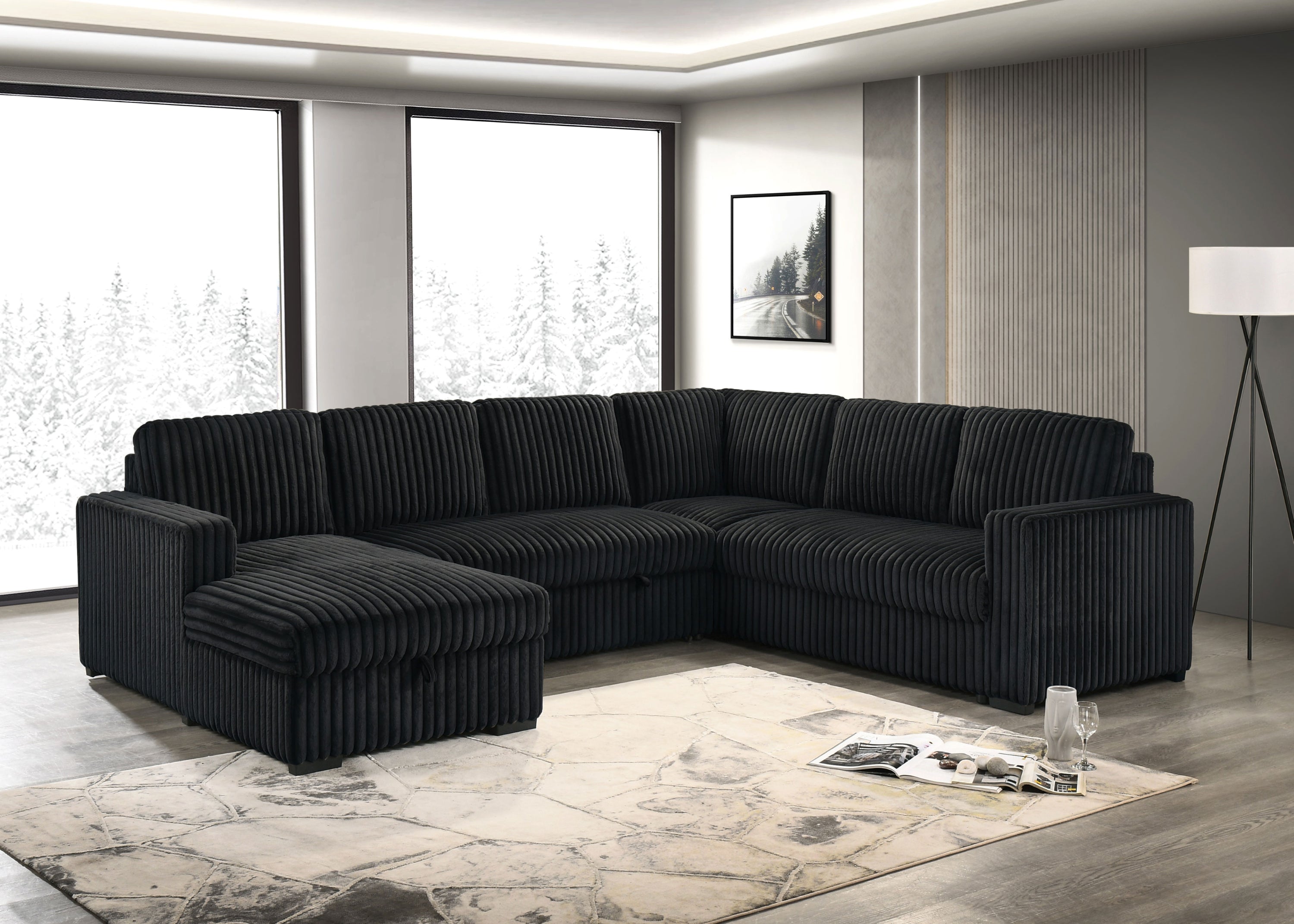 Black Corduroy U-Shape Sectional Sofa – IF-9095 LHF