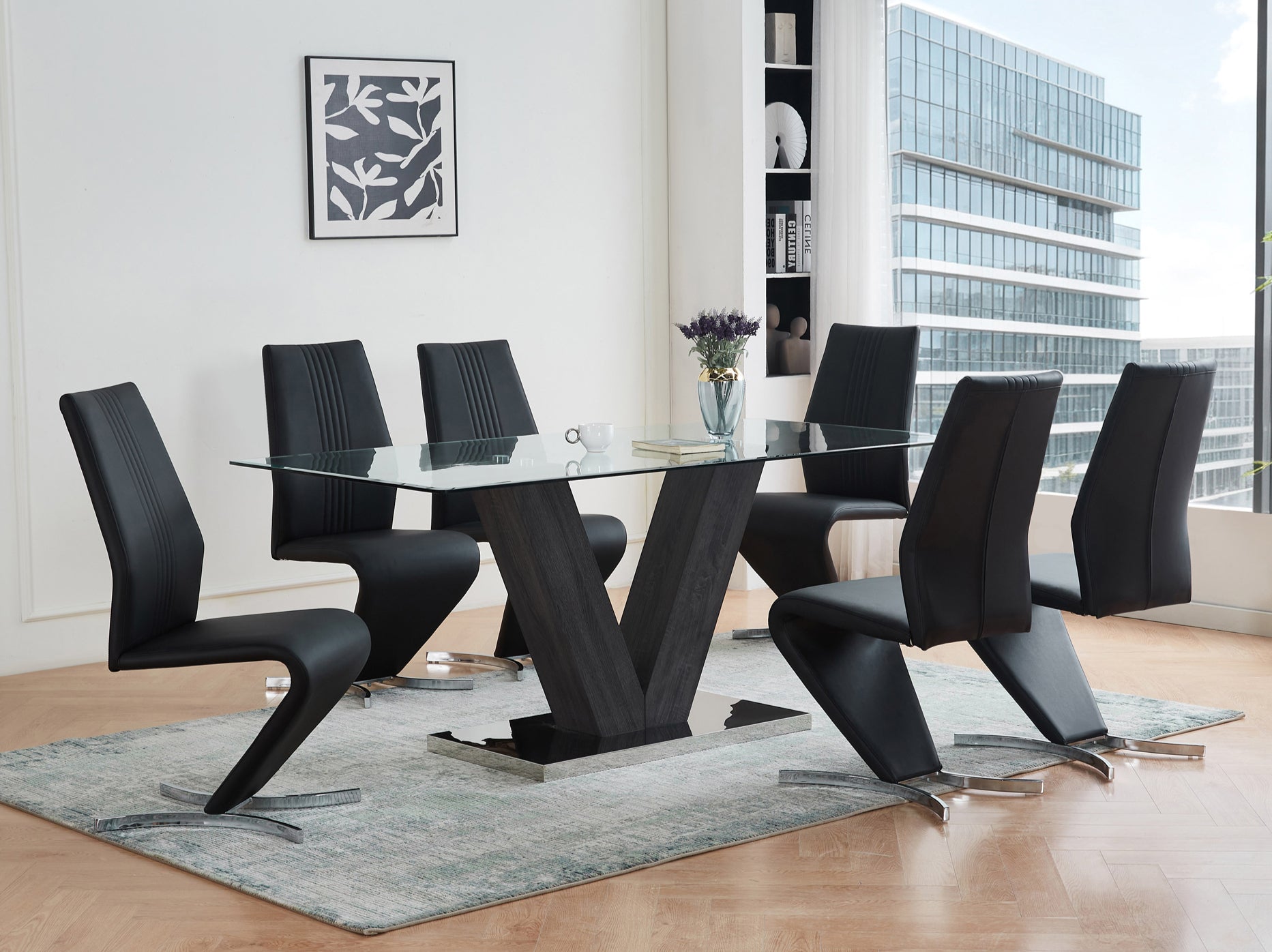 V-Shaped Grey Pedestal with Stainless Steel Base Dinette Set – T-1402 C-1782