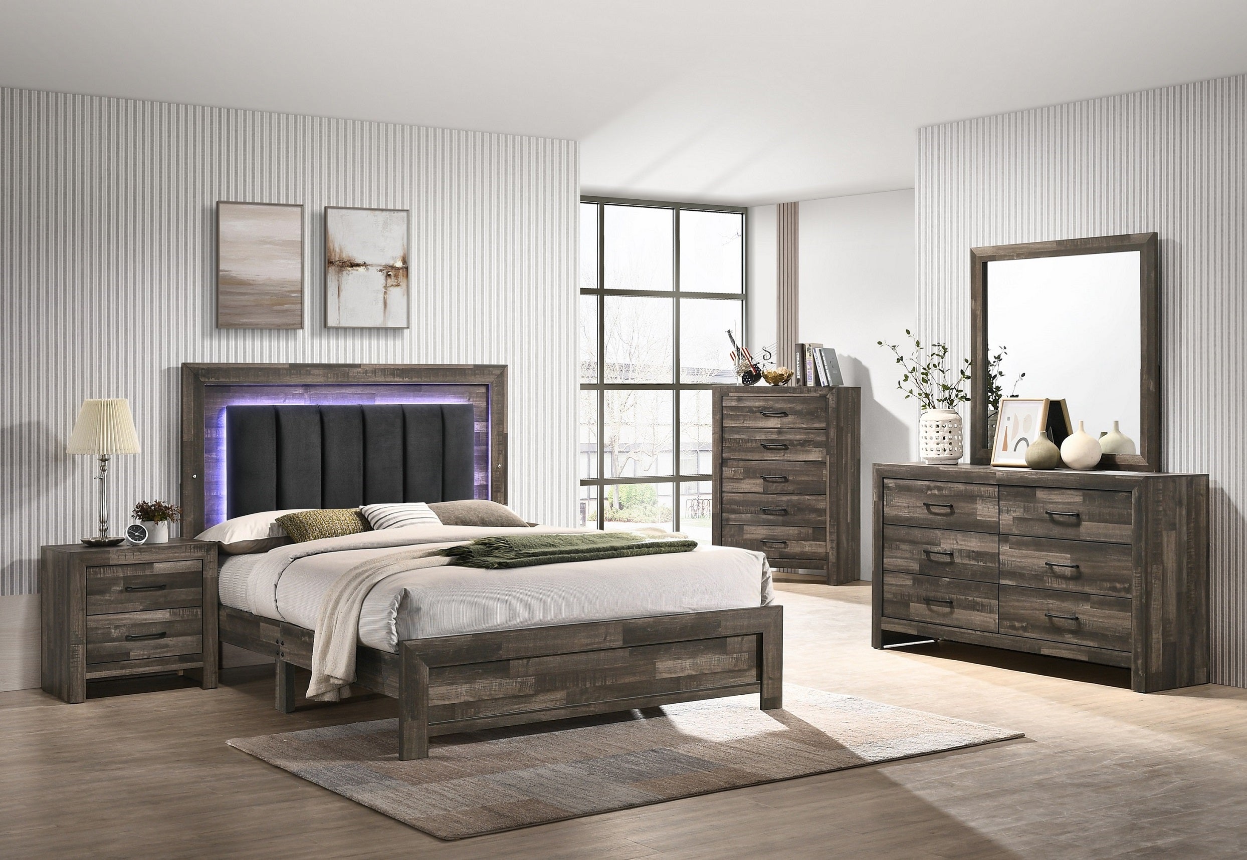 Athens Grey Wood Bedroom Set with LED Accent Headboard – Athens