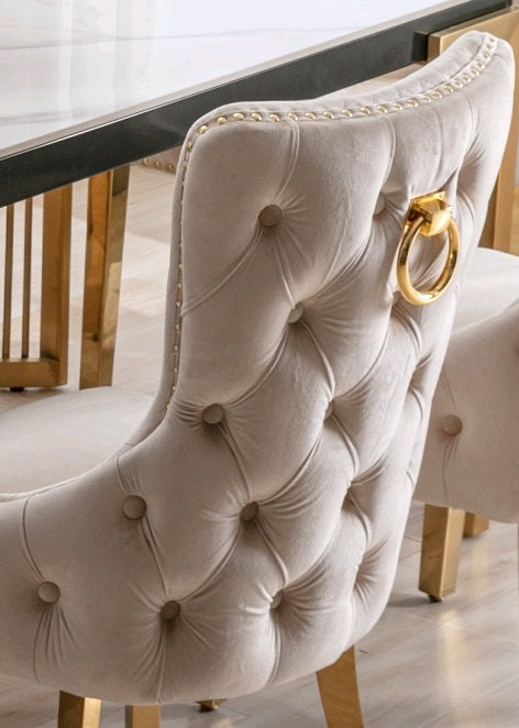 Champagne Beige Diamond-Tufted Velvet Dining Chair with Nailhead Trim – C-1285