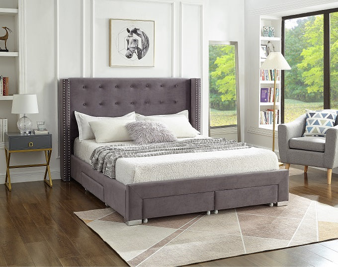 Grey Tufted Wingback Storage Bed with Nailhead Trim – IF-5320