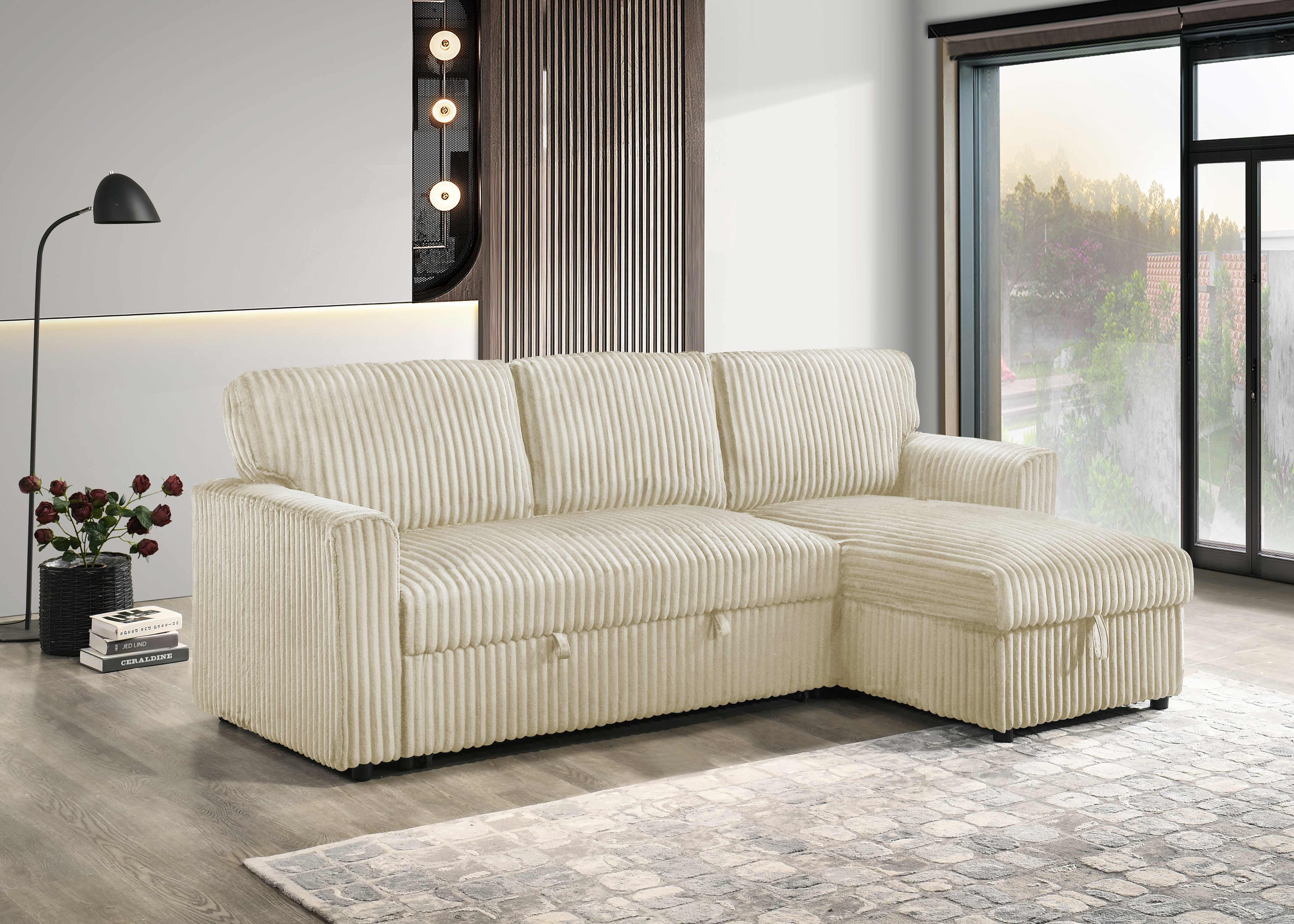 Ivory Corduroy Sleeper Sectional with Storage Chaise – IF-9026 W/Reversible Chaise