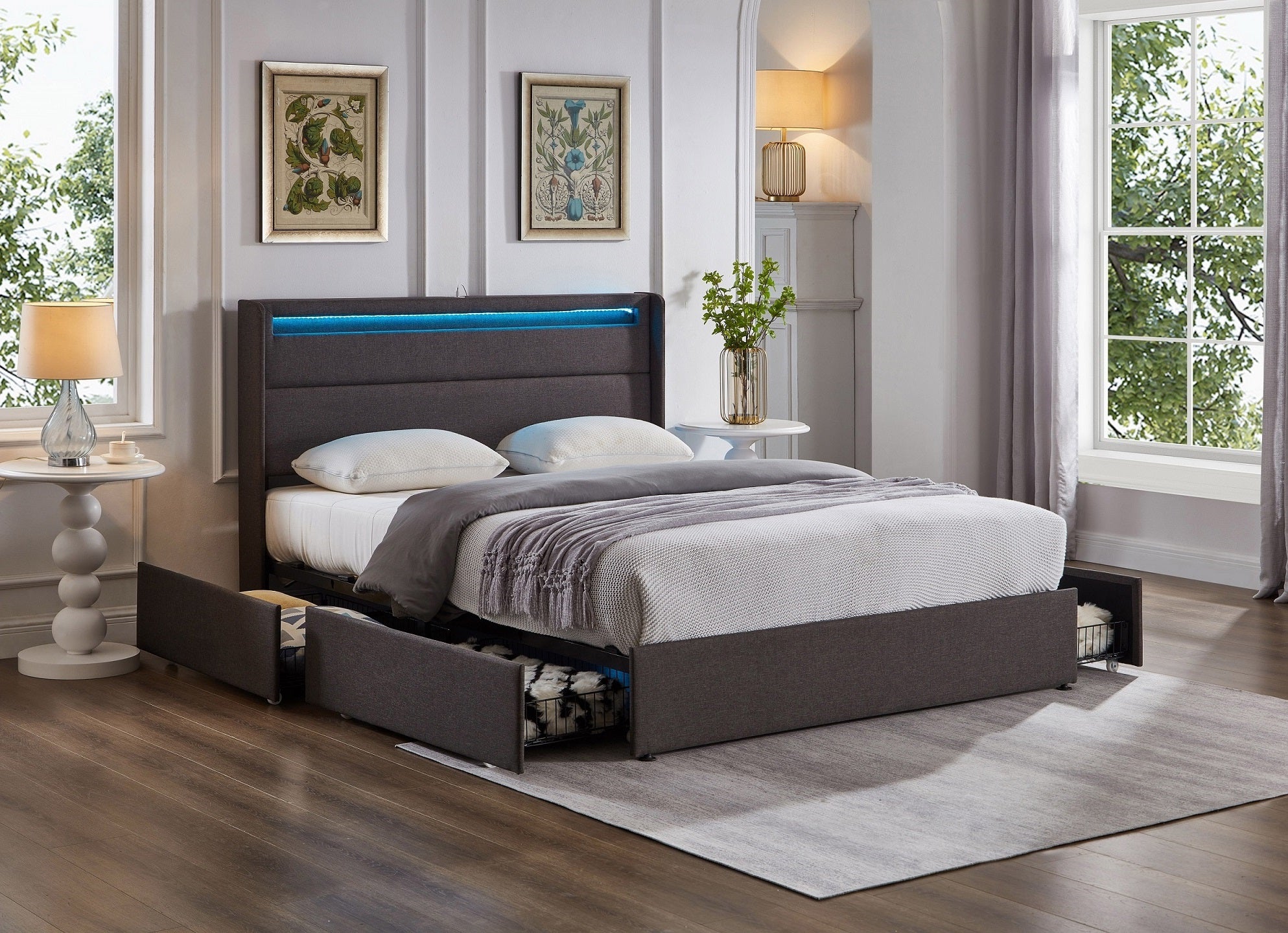 Grey Upholstered Storage Bed with LED Headboard – IF-5343