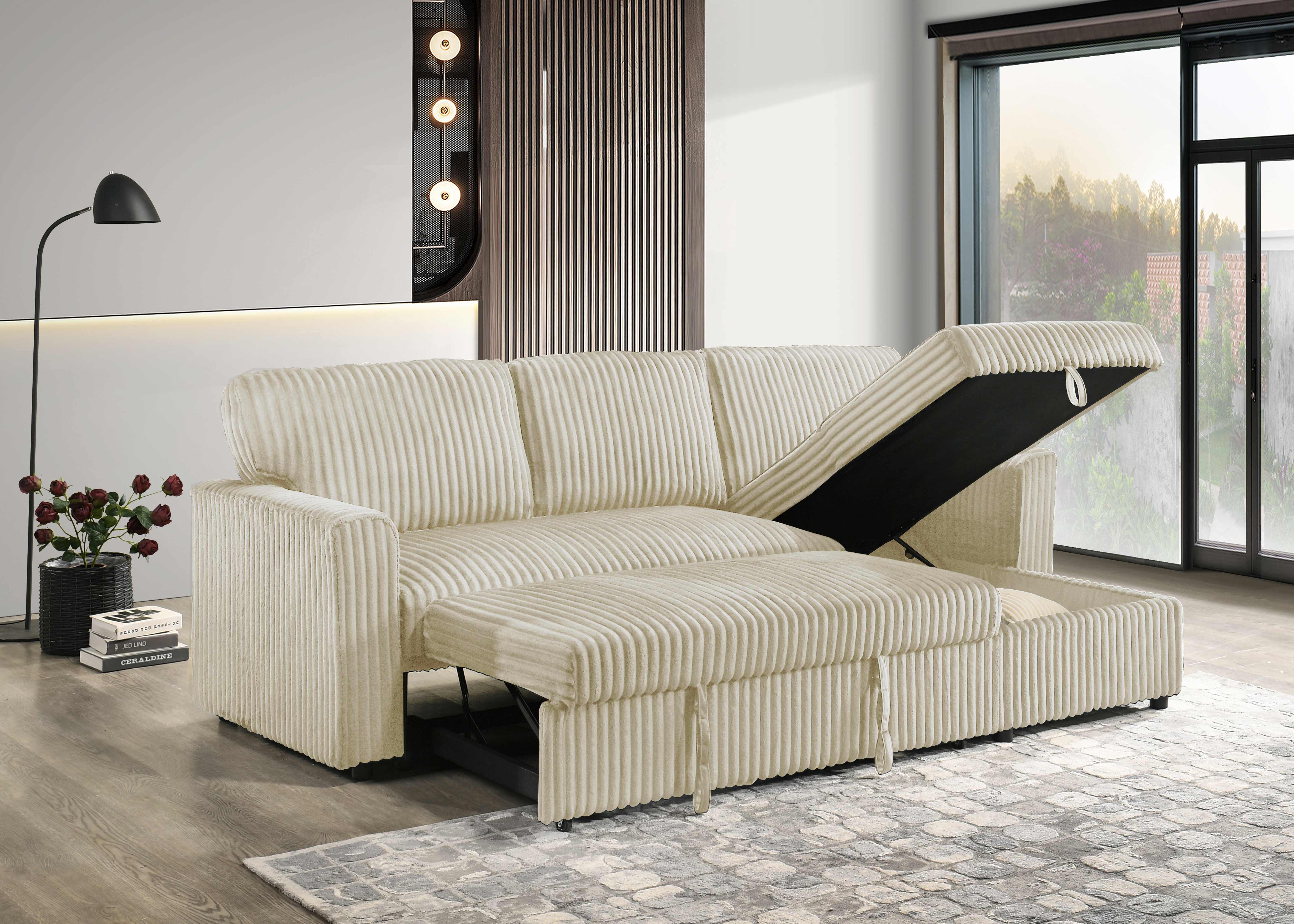 Ivory Corduroy Sleeper Sectional with Storage Chaise – IF-9026 W/Reversible Chaise