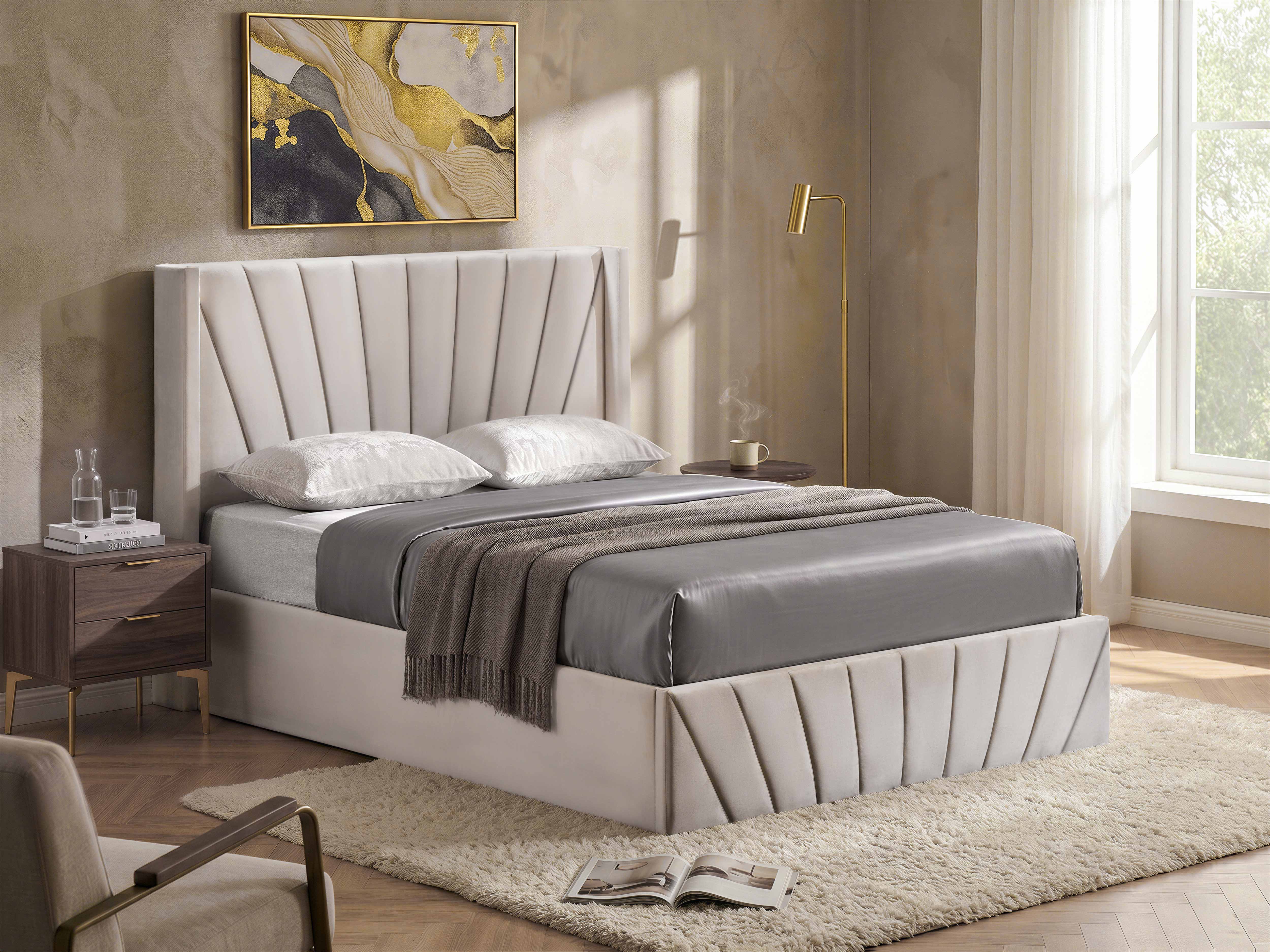 Beige Channel-Tufted Storage Bed with Hydraulic Lift – IF-5872