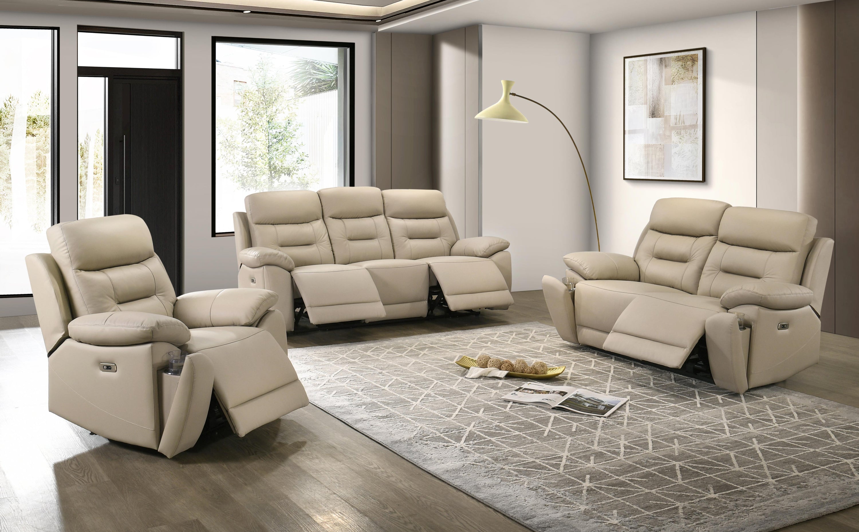 Beige Leather Power Reclining Sofa & Loveseat Set – IF-8162 (Leather Match-Power)